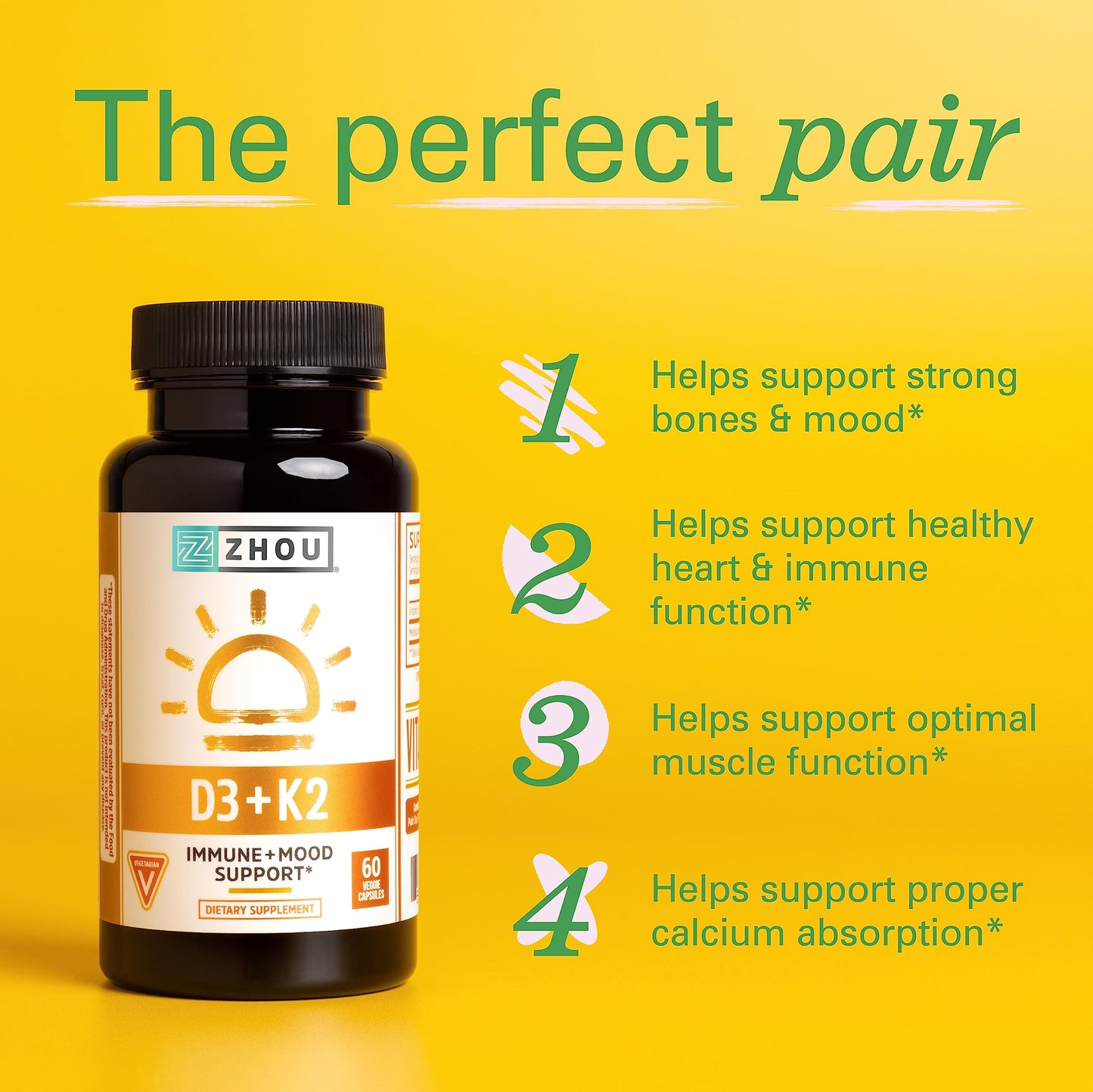 Pre-Order | Arrives in 5–10 Days – Zhou D3+K2 - Vitamin D3 K2 Supplement for Women & Men, Immune Support Vit D3 and K2 Supplements, Pure Vegetarian Formula with 5000 IU of D3 and MK-7 - 60 Veggie Capsules (Pack of 1)