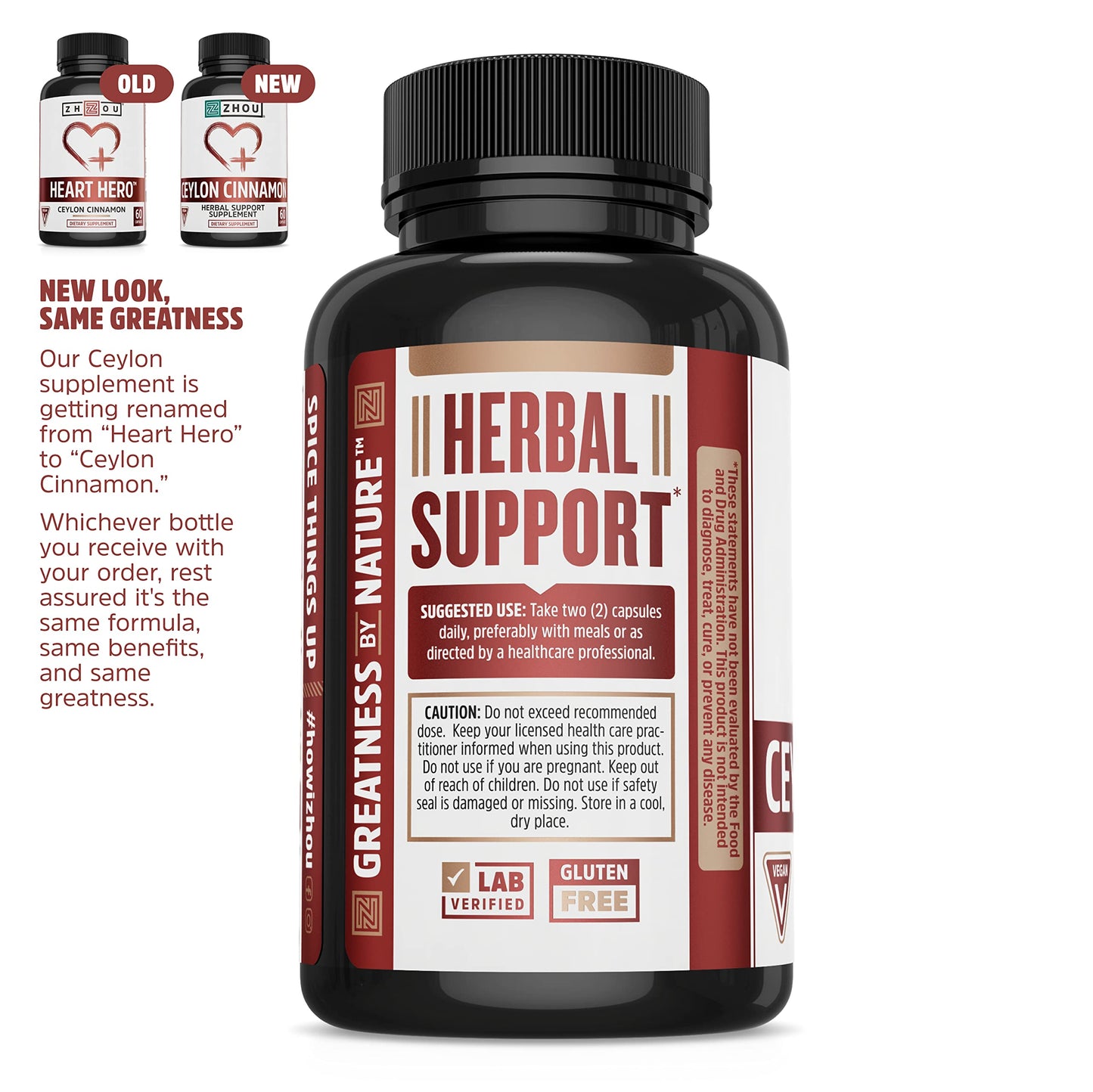 Pre-Order | Arrives in 5–10 Days – Zhou Heart Hero Ceylon Cinnamon - Ceylon Cinnamon Capsules for Women and Men, Cinnamon Verum Supplement with 1200 mg Per Serving for Heart and Joint Health - 60 Veggie Capsules