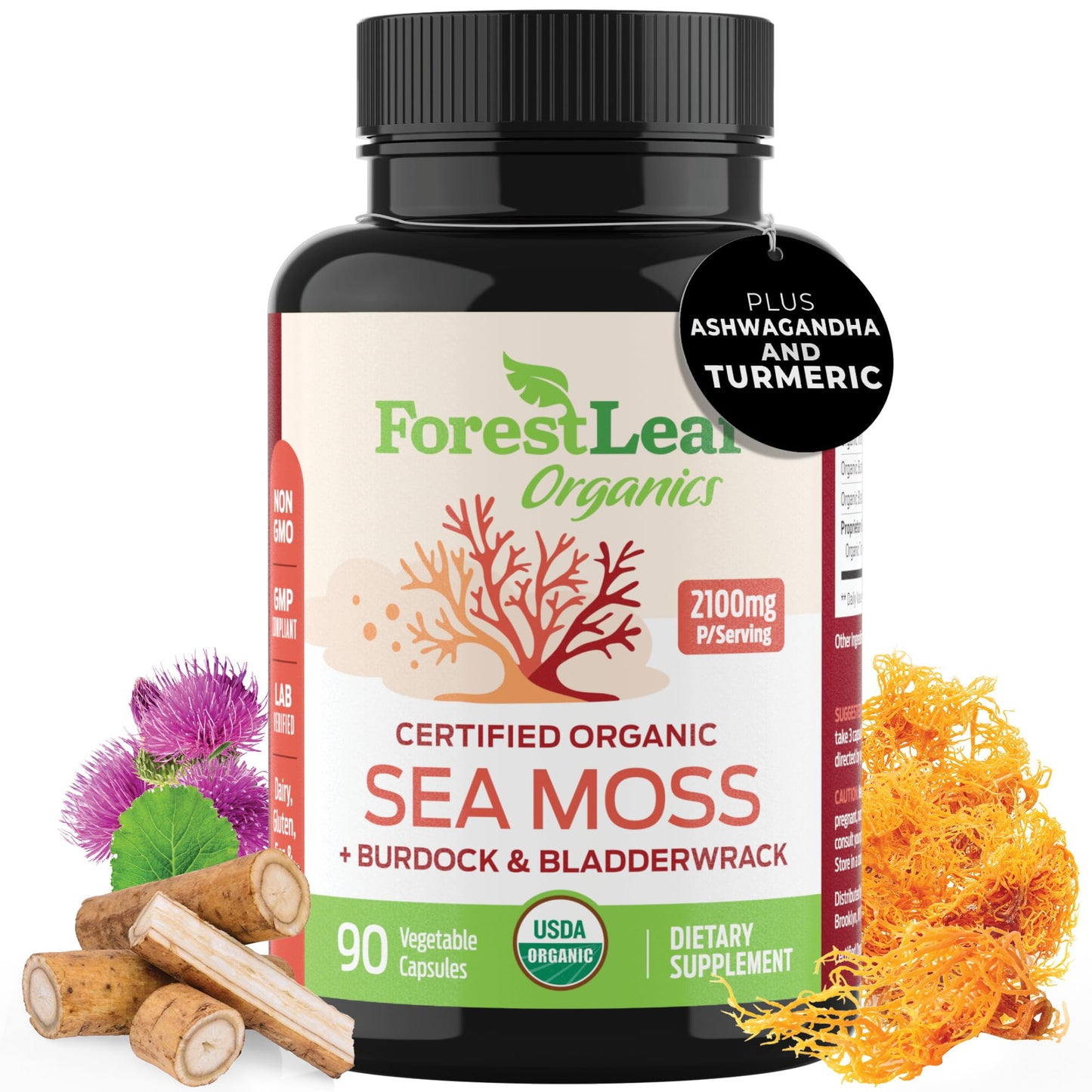 Pre-Order | Arrives in 5–10 Days – ForestLeaf Organic Irish Sea Moss Capsules | 2100mg Raw Seamoss Pills Advanced Supplement Superfood + Burdock, Bladderwrack for Digestive, Respiratory, Immune Health | 90 Vegan Organic Sea Moss Caps