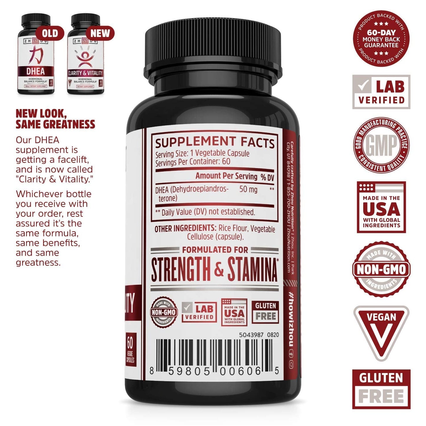 Pre-Order | Arrives in 5–10 Days – Zhou Clarity and Vitality (formerly DHEA) 50 mg, Hormonal Balance Formula for Women & Men, Healthy Aging, Non-GMO, Vegan, Gluten Free, 60 Capsules