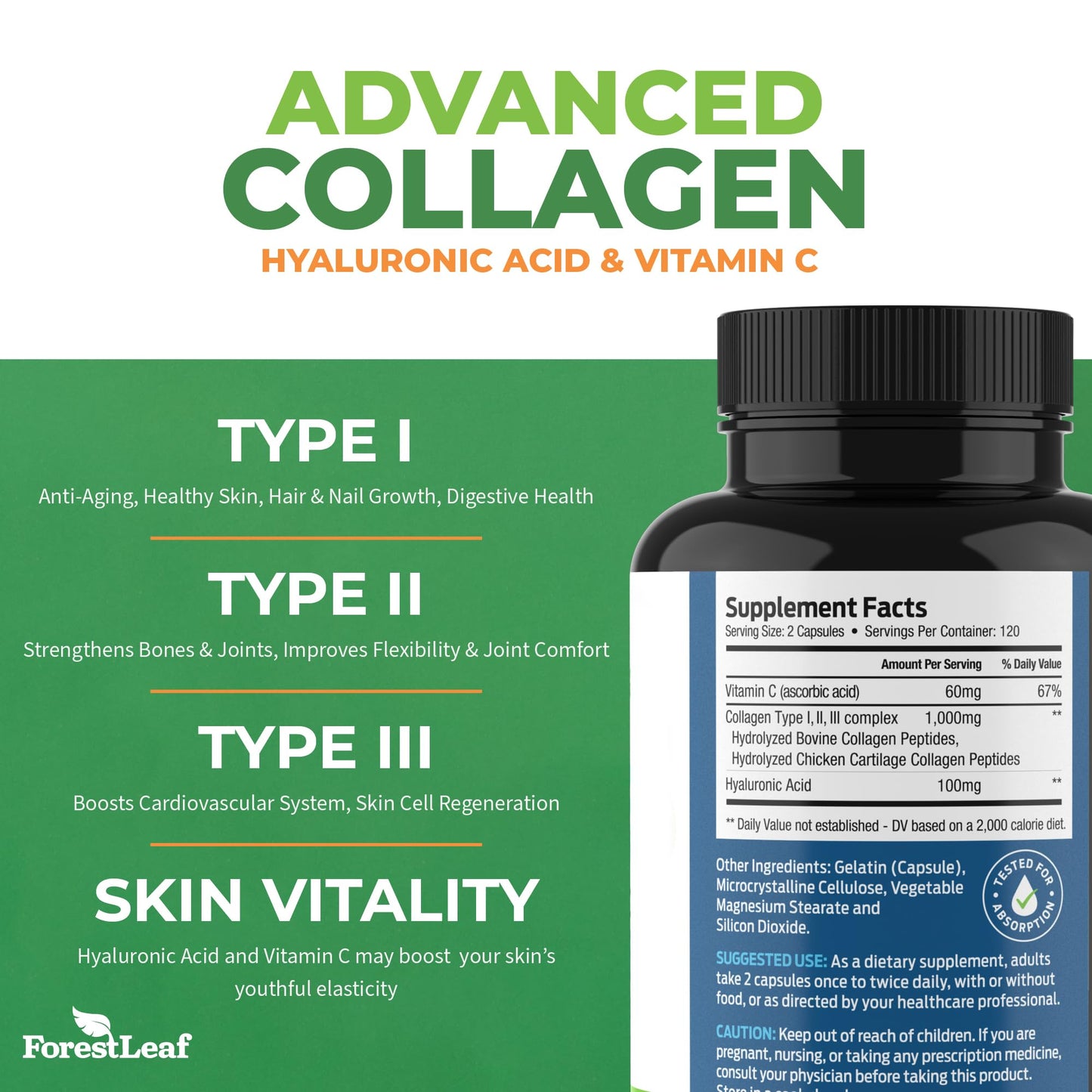 Pre-Order | Arrives in 5–10 Days – ForestLeaf Multi Collagen Pills - Collagen Men & Collagen Women - Hydrolyzed Collagen Supplements with Vitamin C & Hyaluronic Acid - Collagen Capsules for Hair, Skin & Nails (240 Peptide Capsules)