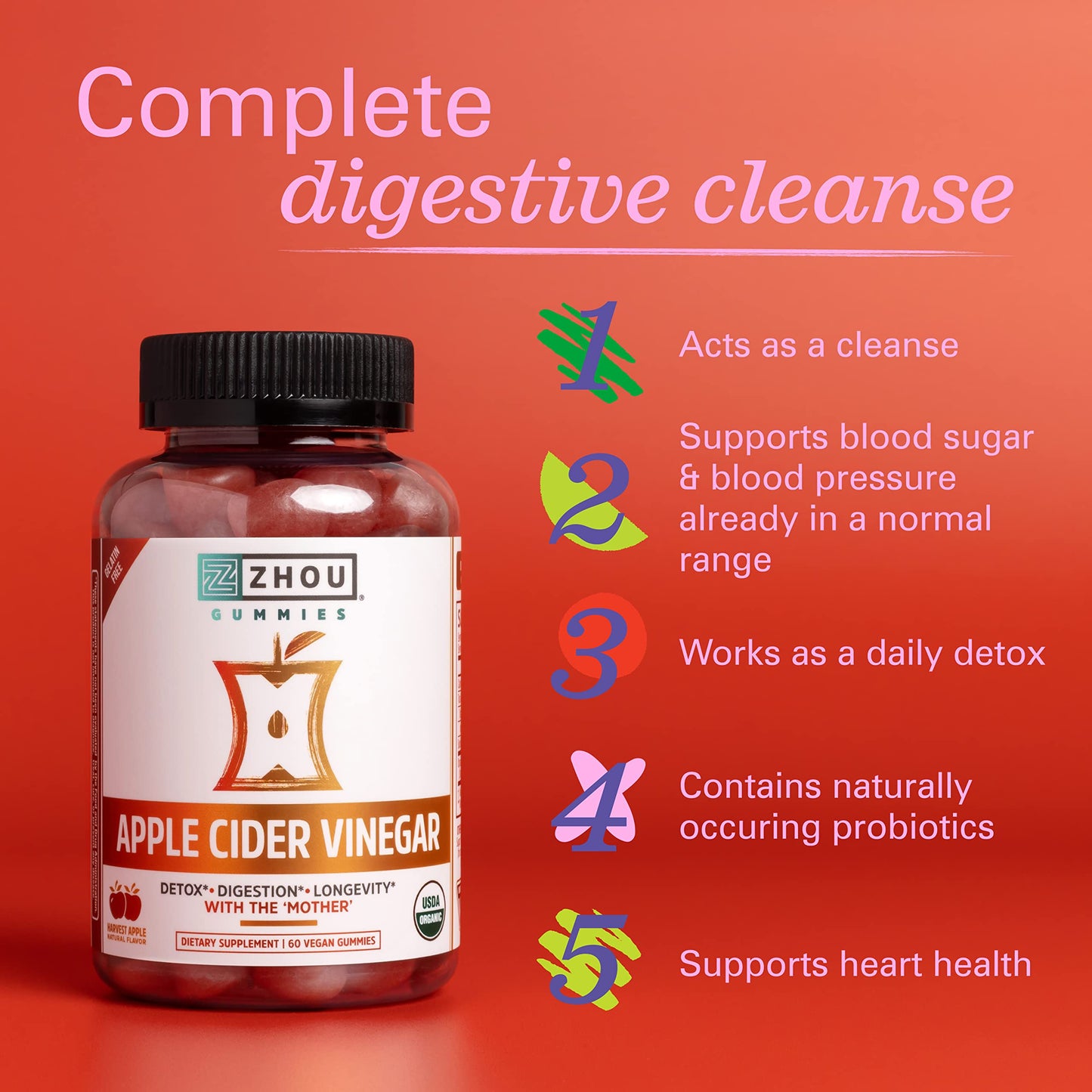 Pre-Order | Arrives in 5–10 Days – Zhou Apple Cider Vinegar Gummies - ACV Gummies for Women and Men with Elderberry, Delicious Taste with Raw Cane Sugar, USDA Organic - 60 Vegan Gummies