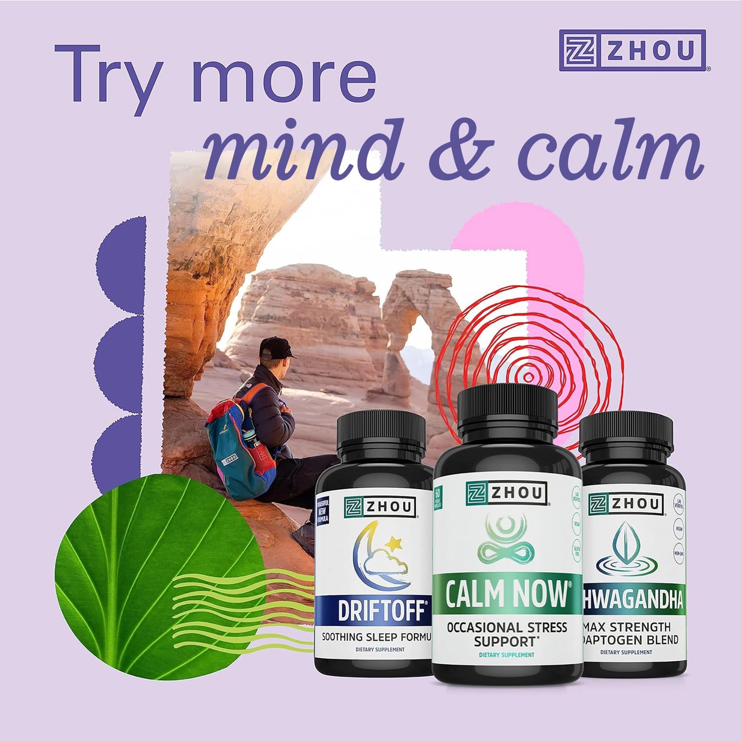 Pre-Order | Arrives in 5–10 Days – Zhou Calm Now - Calm Supplement, Calm Vitamins for Women & Men, Pills to Relax for Adults with GABA & Ashwagandha, Stress & Focus Support - 60 Veggie Capsules