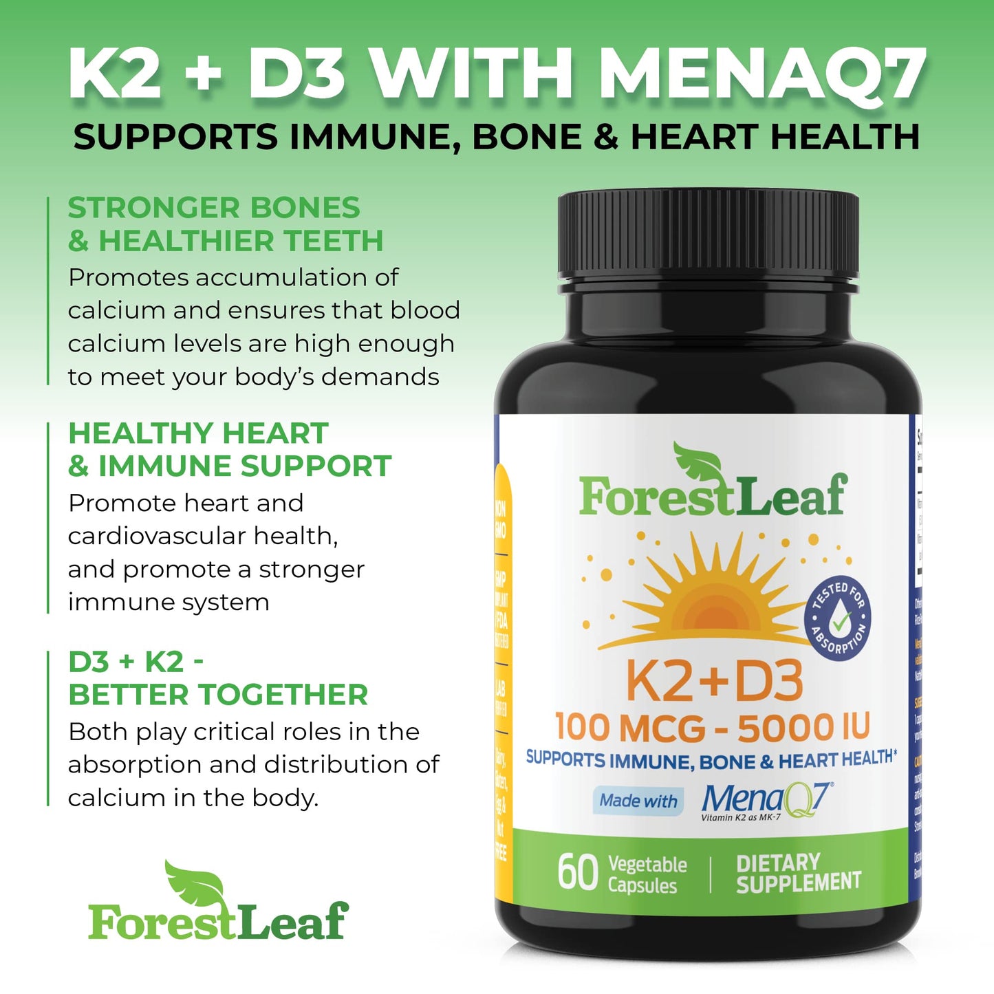 Pre-Order | Arrives in 5–10 Days – ForestLeaf Vitamin D3 + K2 (MK7) Supplement - MenaQ7 - Calcium and Vitamin D3 5000 IU Max Absorption - Teeth and Bone Strength, Heart Health, Immune System Support - 60 Veggie Capsules