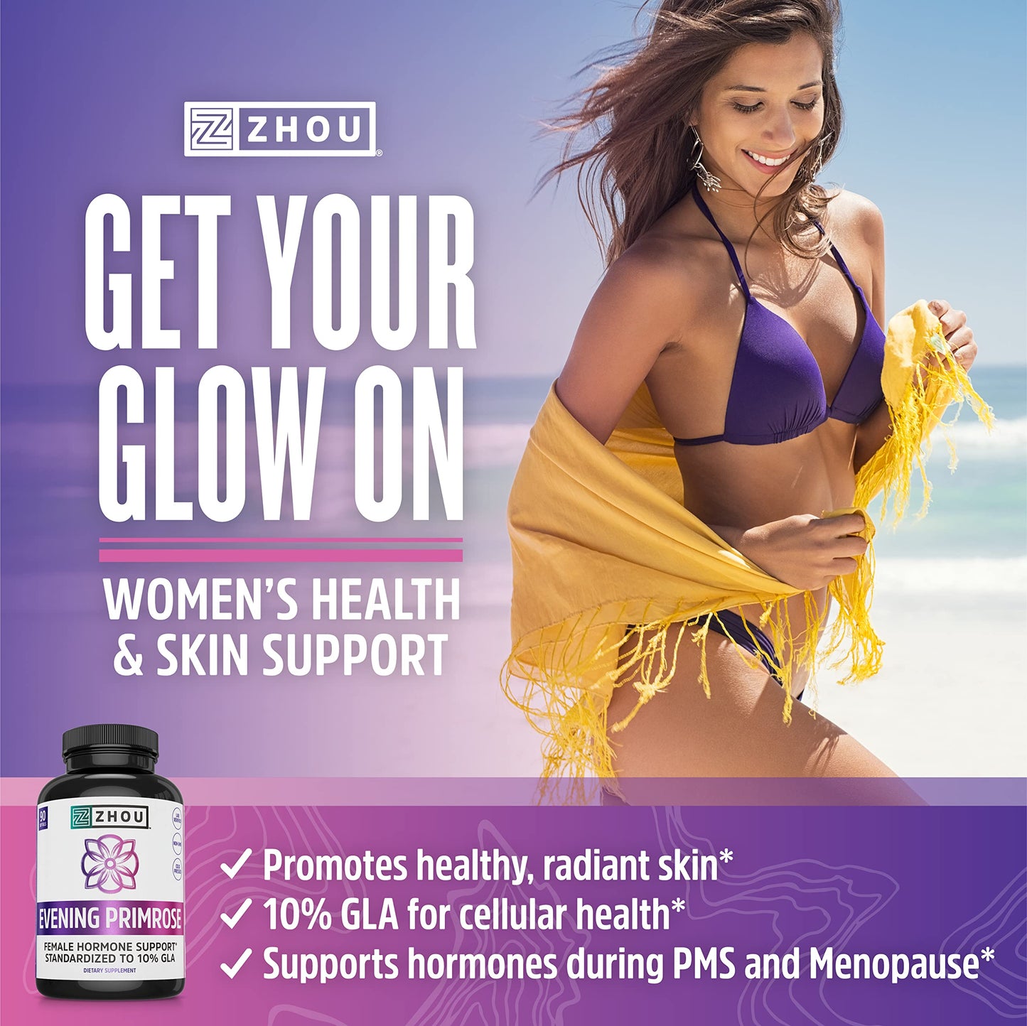 Pre-Order | Arrives in 5–10 Days – Zhou Evening Primrose - Everning Primrose Oil for Women, Primrose Oil Capsules with 1400 mg Per Softgel for Skin and Hormone Support, Standardized to 10% GLA - 90 Softgels