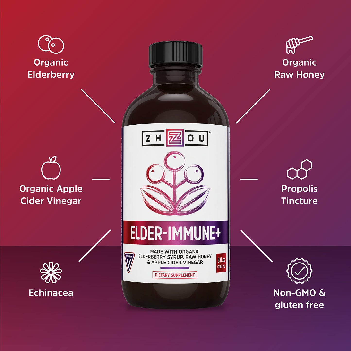 Pre-Order | Arrives in 5–10 Days – Zhou Nutrition Elder-Mune+ Syrup - Organic Black Elderbery Syrup for Adults, Immune Support Elixir with Apple Cider Vinegar, Echinacea Tincture, Natural Wellness - 8 Fl Oz Glass Bottle