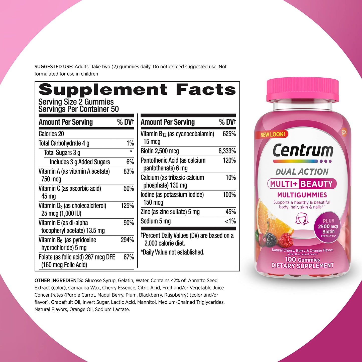 Pre-Order | Arrives in 5–10 Days – Centrum MultiGummies Multi+ Beauty Dual Action Multivitamin, Specially Designed with Biotin for Healthy Hair, Skin and Nails, Cherry/Berry/Orange Flavors - 100 Count