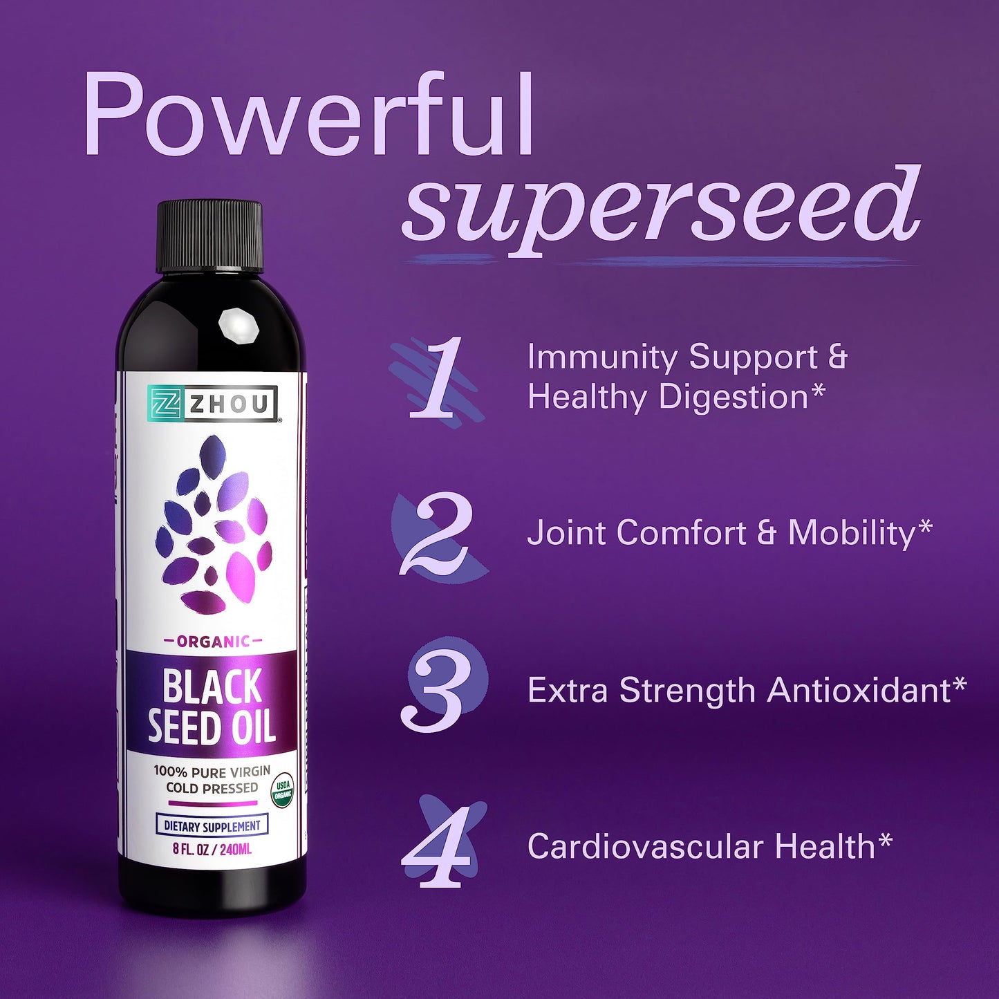 Pre-Order | Arrives in 5–10 Days – Zhou Organic Black Seed Oil - Black Cumin Seed Oil Cold Pressed, Nigella Sativa, Pure Unrefined Blackseed Liquid, Premium Supplement for Health with Thymoquinone, Omega 3 6 9 - 8 Fl Oz (Pack of 1)