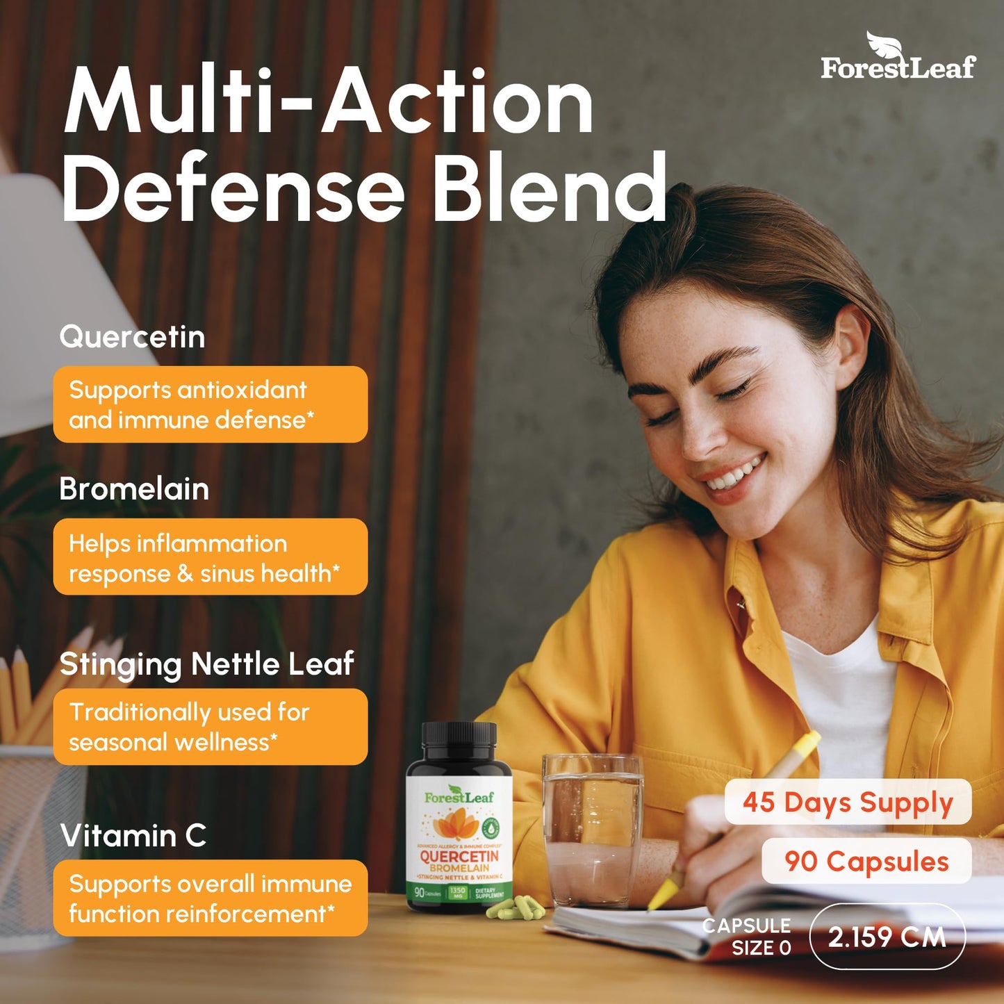 Pre-Order | Arrives in 5–10 Days – ForestLeaf Quercetin with Bromelain 1350mg - Blend with Vitamin C & Stinging Nettle Supplement, Quercetin 500mg Capsules, Non-GMO Gluten Free, Natural Immune & Respiratory Function, 90 Veggie Caps