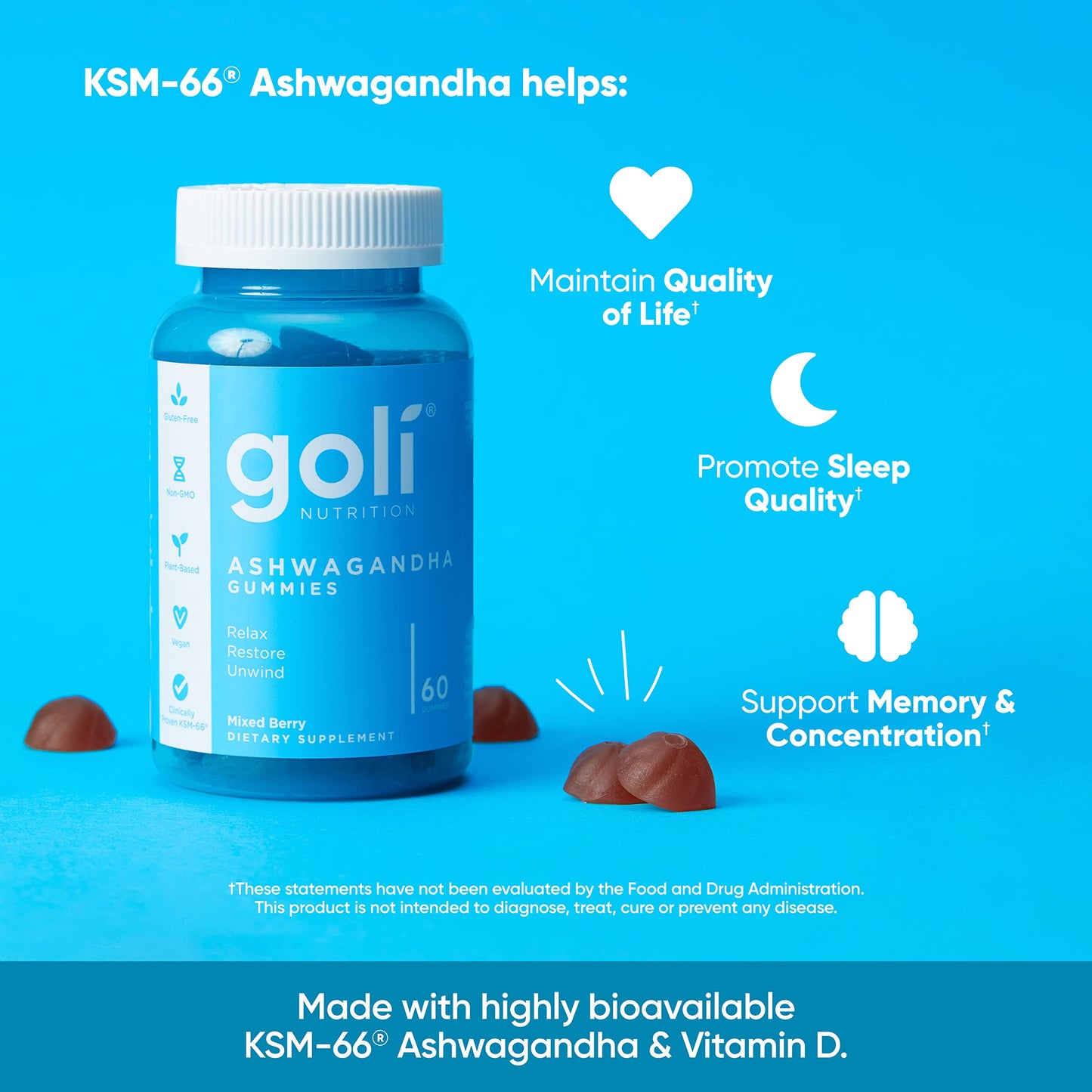 Pre-Order | Arrives in 5–10 Days – Goli Ashwagandha & Vitamin D Gummy - 60 Count - Mixed Berry, KSM-66, Vegan, Plant Based, Non-GMO, Gluten-Free & Gelatin Free Relax. Restore. Unwind, Pack of 1