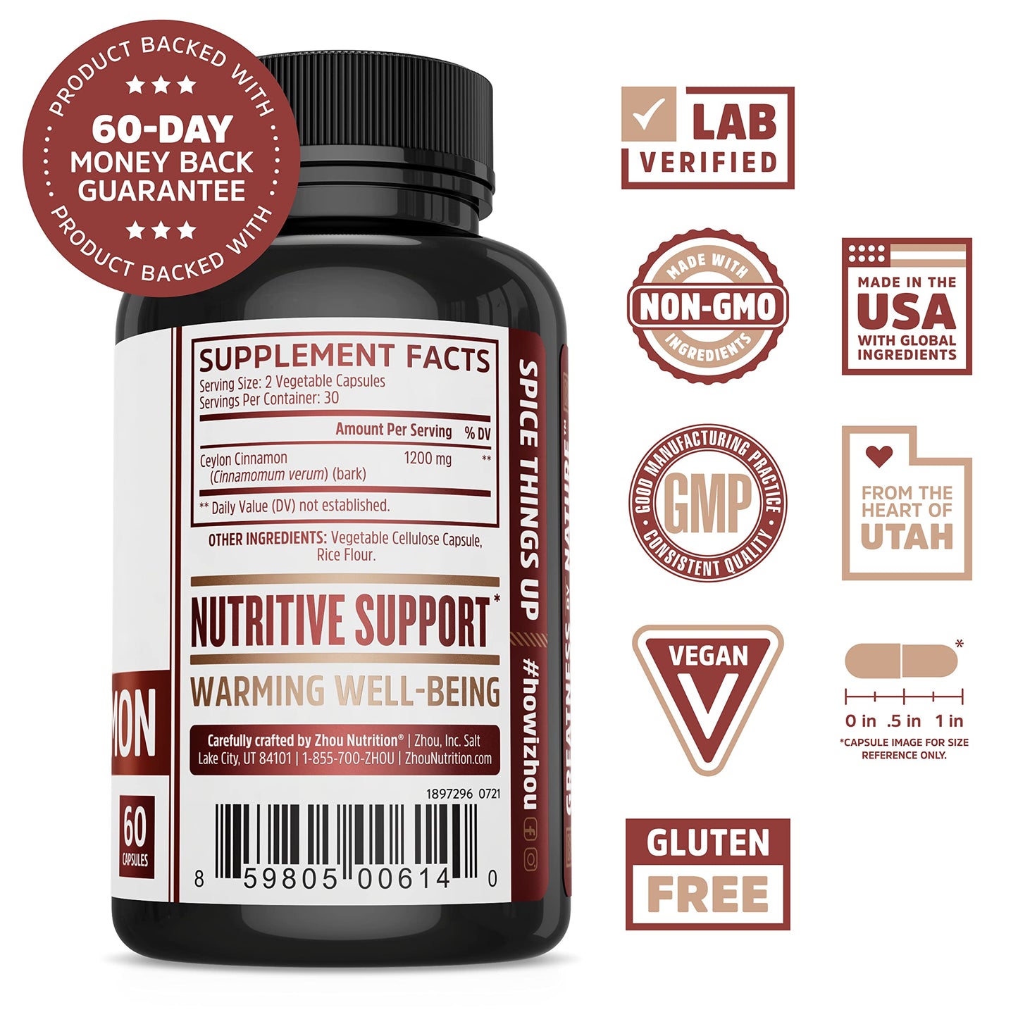 Pre-Order | Arrives in 5–10 Days – Zhou Heart Hero Ceylon Cinnamon - Ceylon Cinnamon Capsules for Women and Men, Cinnamon Verum Supplement with 1200 mg Per Serving for Heart and Joint Health - 60 Veggie Capsules