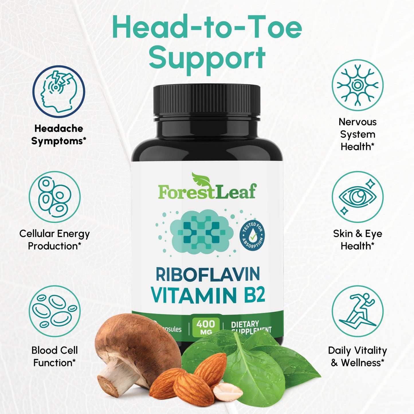 Pre-Order | Arrives in 5–10 Days – ForestLeaf Vitamin B2 Riboflavin 400mg - Energy, Skin & Cellular Health Supplement - Nervous System Support - Vitamin B 2 VIT B - Non-GMO & Gluten Free - B2 Vitamin 400mg Vegetable Capsules, 90 Count