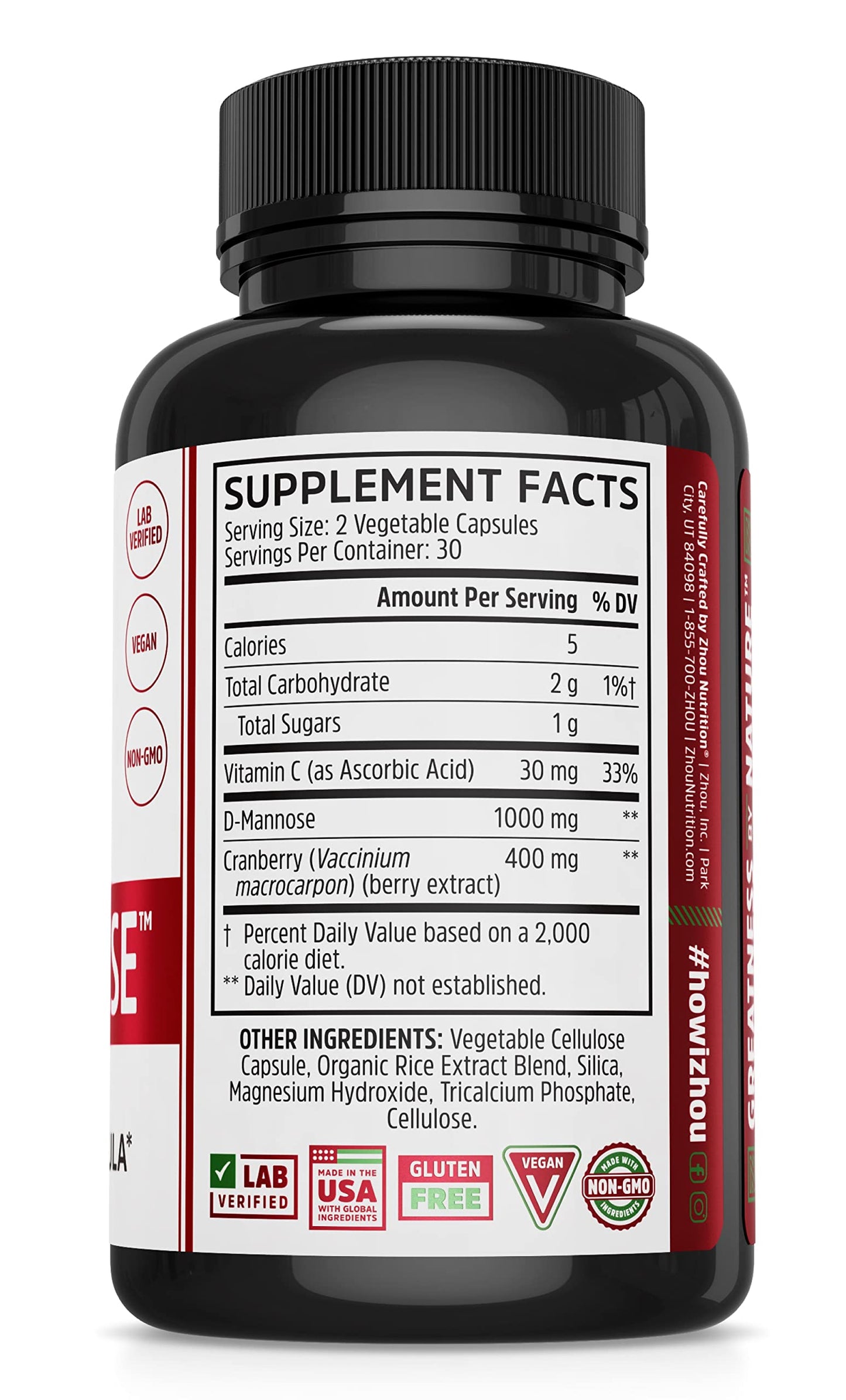Pre-Order | Arrives in 5–10 Days – Zhou Cran-Defense - Cranberry Pills for Women & Men, D Mannose with Cranberry Extract, 1000 mg D-Mannose Per Capsule for Urinary Tract Health, Antioxidant Support - 60 Veggie Capsules