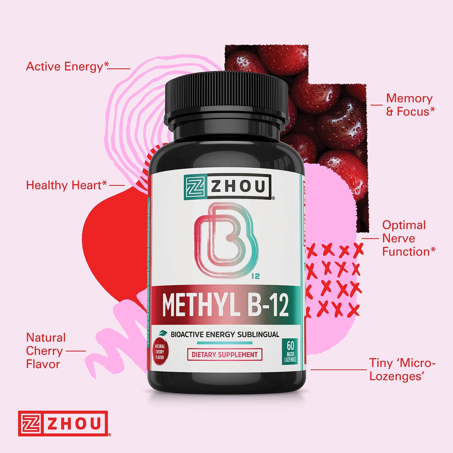 Pre-Order | Arrives in 5–10 Days – Zhou Methyl B12 - Methyl B-12 Supplement for Women & Men, Vitamin B12 5000 mcg, Vegan Friendly, Cellular Energy and Nerve Function Support, Methylcobalamin - 60 Micro Lozenges