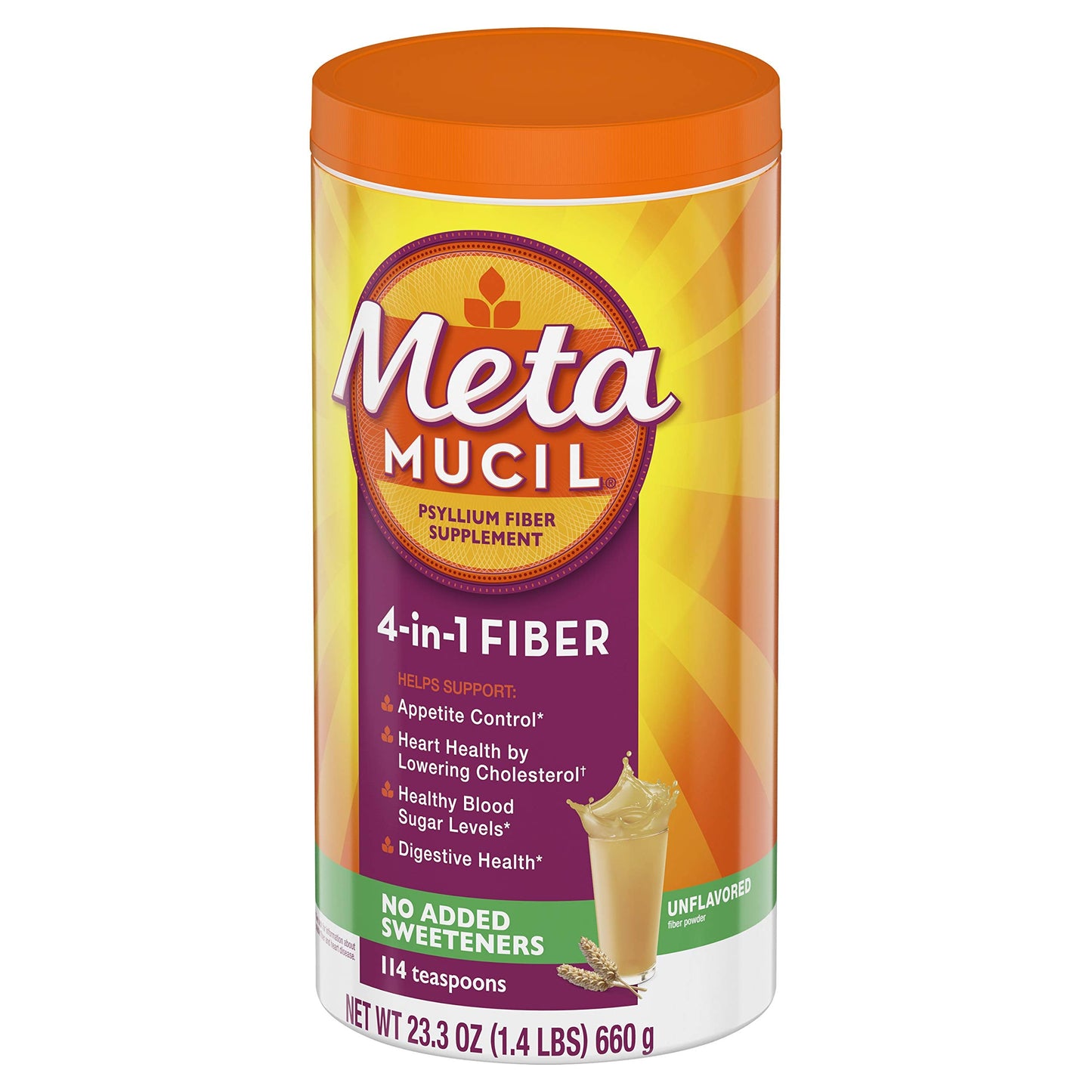 Pre-Order | Arrives in 5–10 Days – Metamucil Fiber, 4-in-1 Psyllium Fiber Supplement, Sugar Free Powder, Unflavored Drink, 114 Servings (Packaging May Vary)