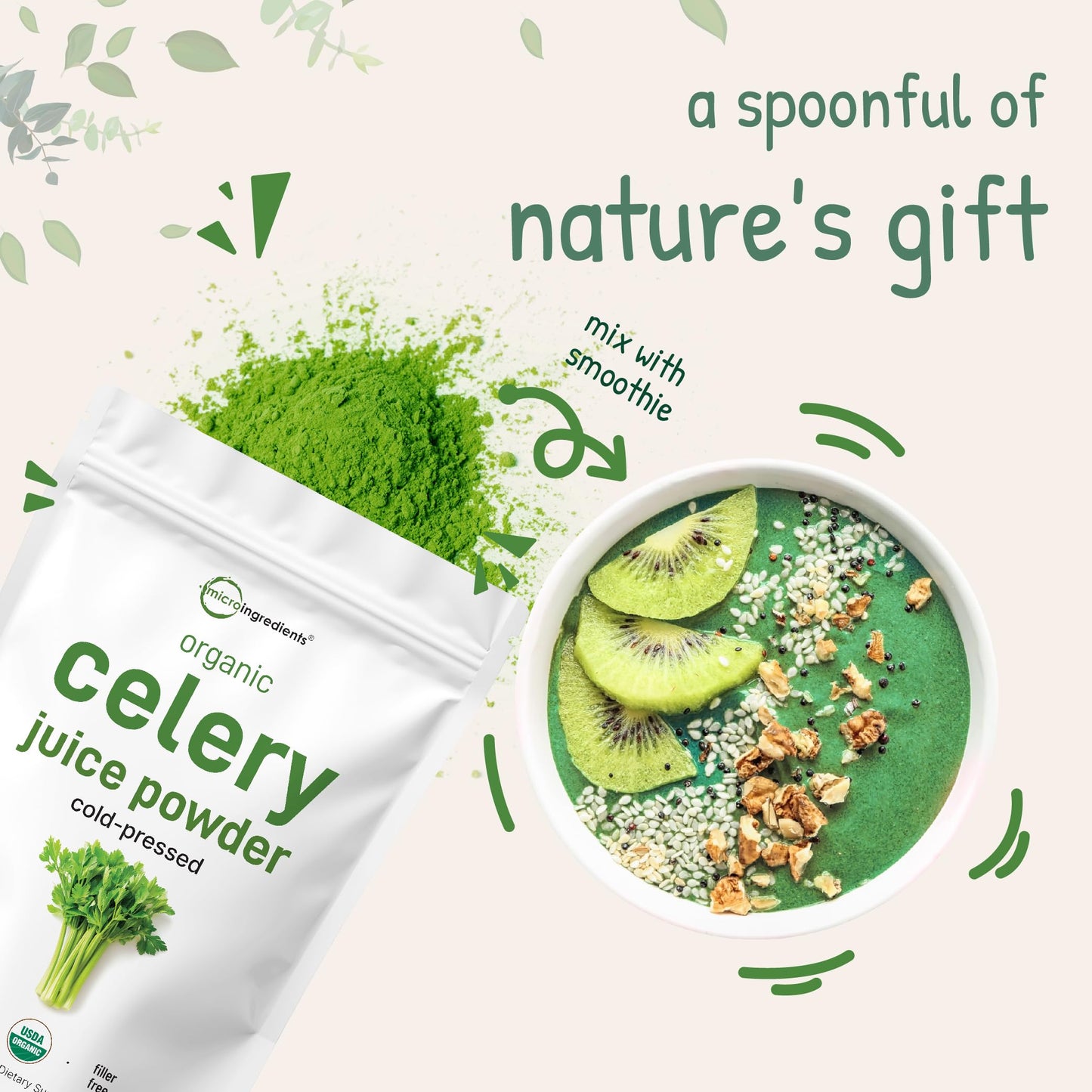Pre-Order | Arrives in 5–10 Days – Organic Celery Juice Powder, 20 Ounce (1.25 Pound), 70 Serving, Celery Detox and Cold Pressed, Boosts Immune System, Energy and Supports Gut Health, Rich in Immune Vitamin C and Minerals, Vegan