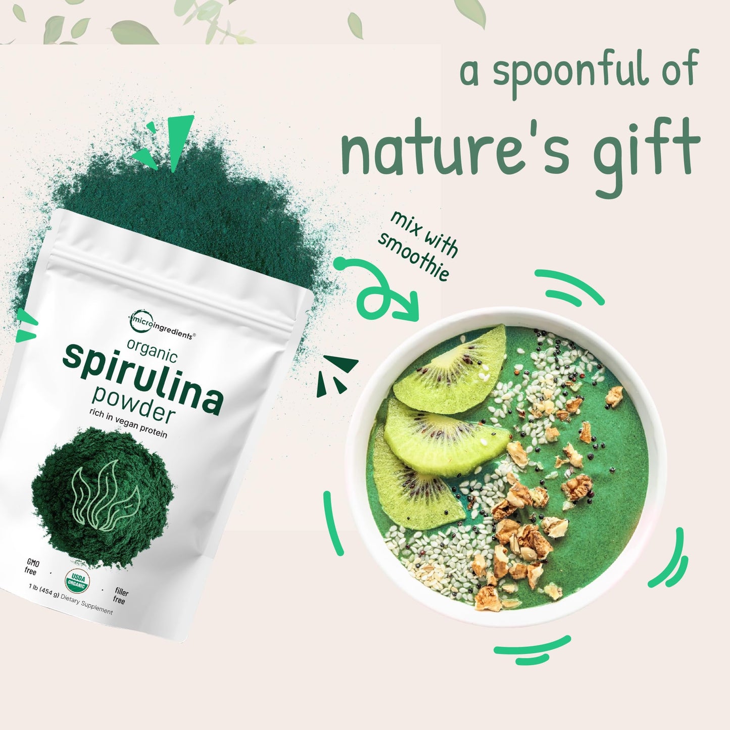 Pre-Order | Arrives in 5–10 Days – Micro Ingredients Organic Spirulina Powder, 16 Ounce, Raw Spirulina (Arthrospira Platensis), The Richest Sources of 70% Vegan Protein, Containers Minerals, Vitamins, Non-GMO & Non-Irradiation