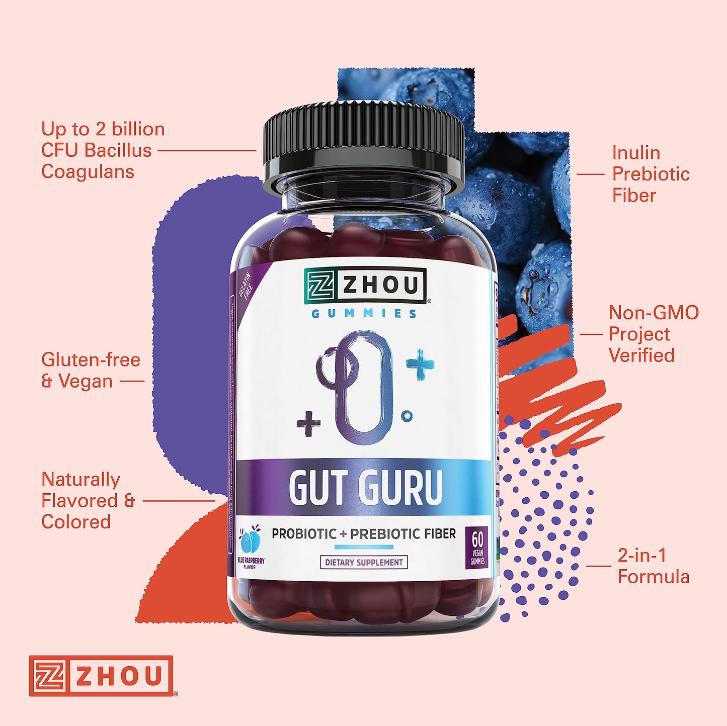 Pre-Order | Arrives in 5–10 Days – ZHOU Nutrition Gut Guru Prebiotics and Probiotics for Women and Men, 2 in 1 Probiotic and Prebiotic Gummies for Digestive Gut Health and Immune Support, Vegan, Gluten Free, Non-GMO, 60 Count