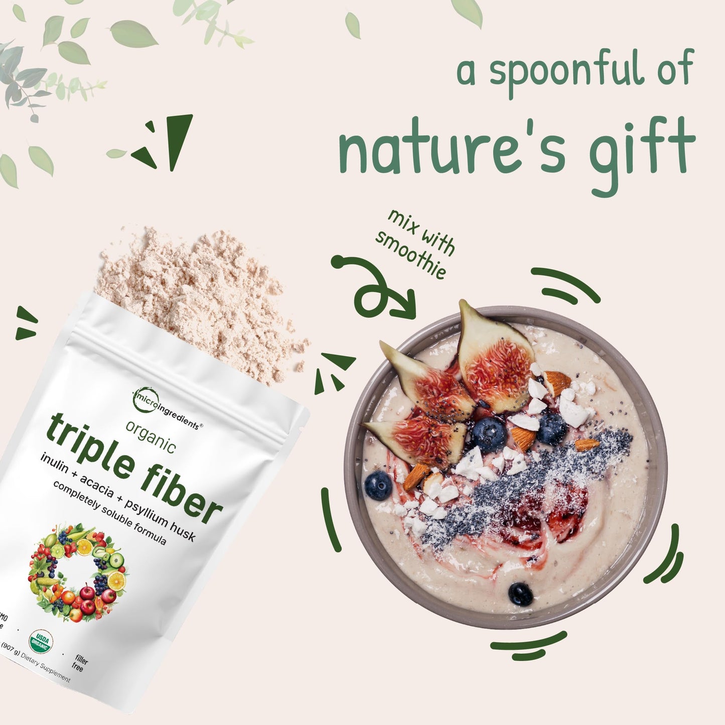 Pre-Order | Arrives in 5–10 Days – Organic Fiber Supplement (Inulin, Acacia, Psyllium Husk), 2 Pounds, 3-in-1 Formula, Daily Soluble Fiber, Unflavored, Prebiotics Supplement for Digestive Health, Hunger Control, Vegan
