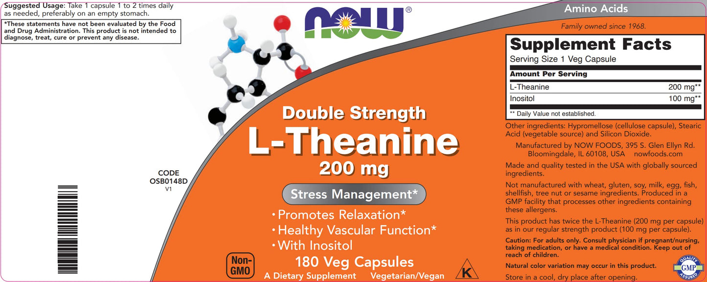 Pre-Order | Arrives in 5–10 Days – NOW Foods L-Theanine, Double Strength 200 mg Per Cap - 180 Veg Capsules - Enhanced with 100mg Inositol - Vegetarian, Non-GMO - Ltheanine 200mg Supplement