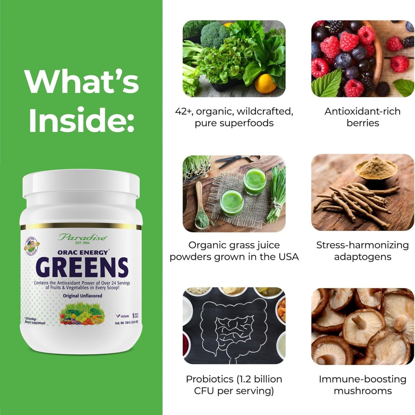 Pre-Order | Arrives in 5–10 Days – Paradise Herbs, ORAC Energy Greens Powder, Antioxidant Power of 24 Servings of Fruits & Vegetables in 1 Scoop, 120 Servings