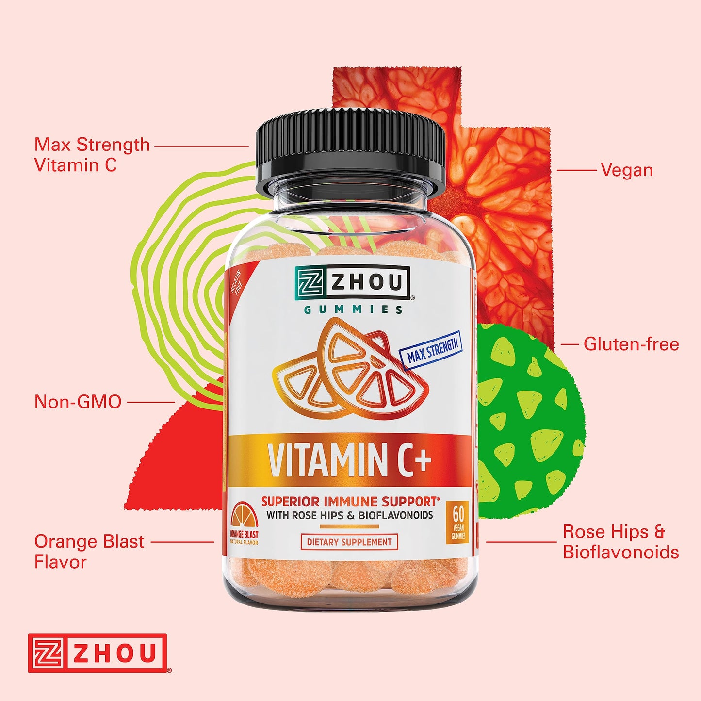 Pre-Order | Arrives in 5–10 Days – Zhou Vitamin C+ Gummies - Vitamin C Gummies for Adults and Kids, 270 mg per Gummy with Bioflavinoids and Acerola for Immune Support - 60 Vegan Gummies