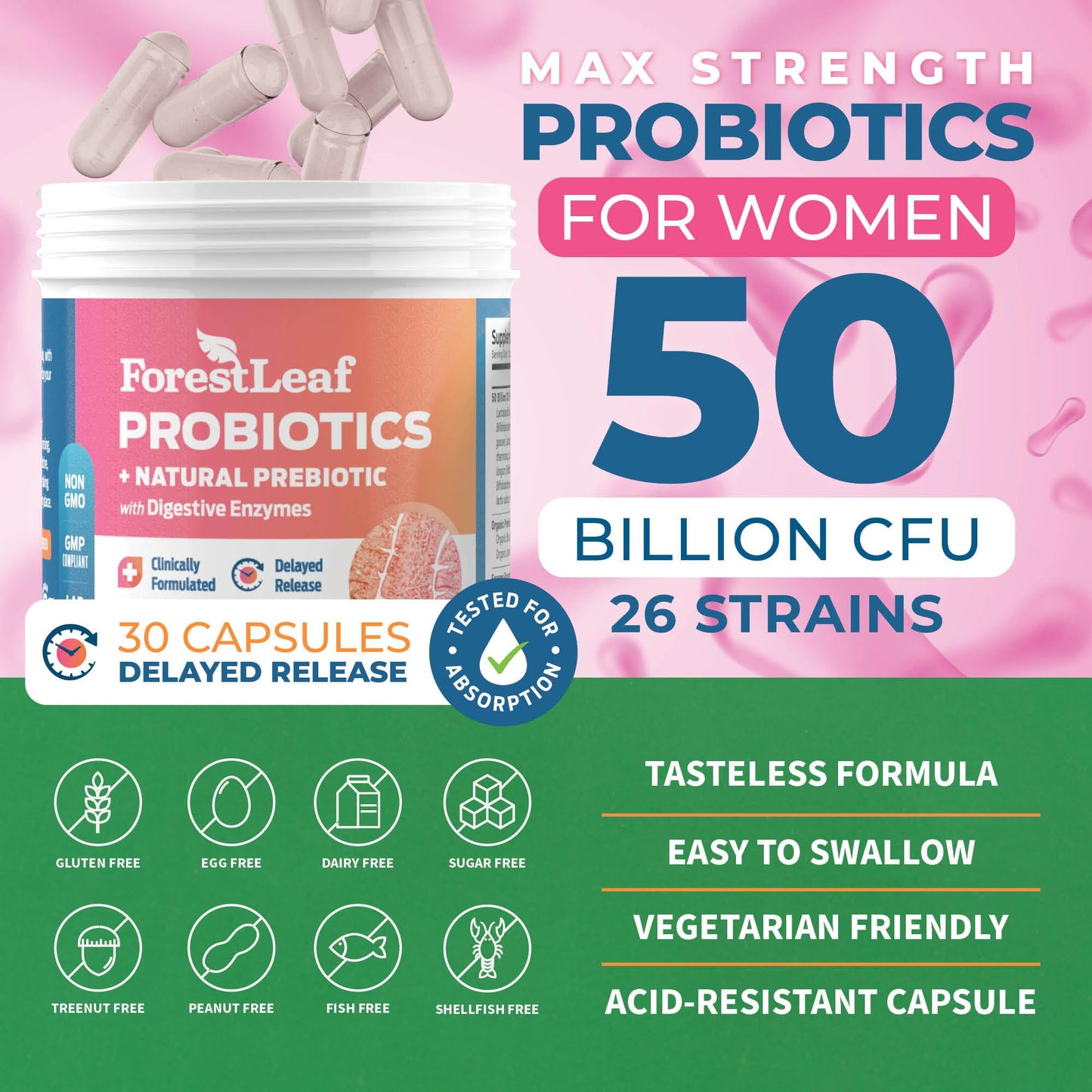 Pre-Order | Arrives in 5–10 Days – Probiotics for Women, 50 Billion CFU, 26 Unique Strains, Women's Probiotic and Prebiotics Support Digestive Health, w/ Cranberry, Hibiscus & D-Mannose for Vaginal PH Balance, Urinary, Gut (30 Caps)