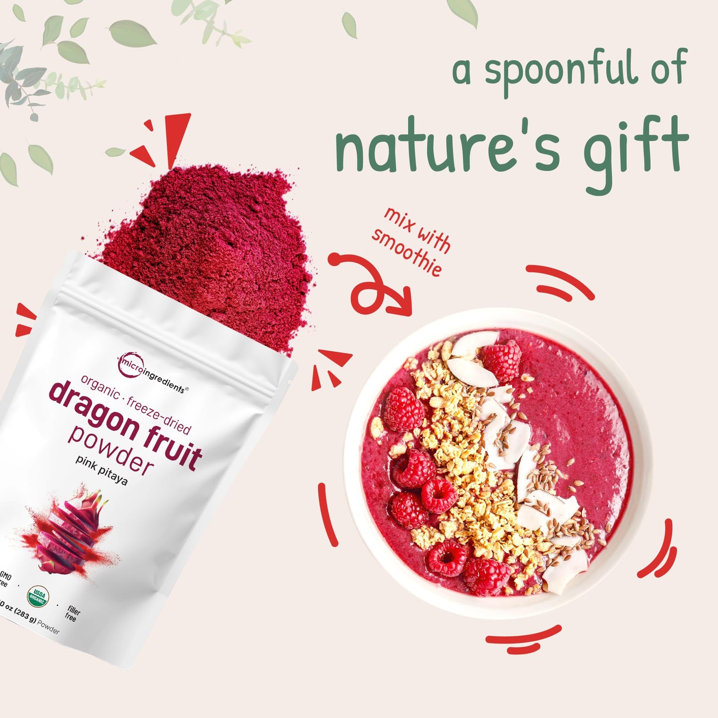 Pre-Order | Arrives in 5–10 Days – Organic Dragon Fruit Powder, 10oz | 100% Natural Fruit Powder | Freeze-Dried Pink Pitaya Source | No Sugar & Additives | Great Flavor for Drinks, Smoothie, & Beverages | Non-GMO & Vegan Friendly