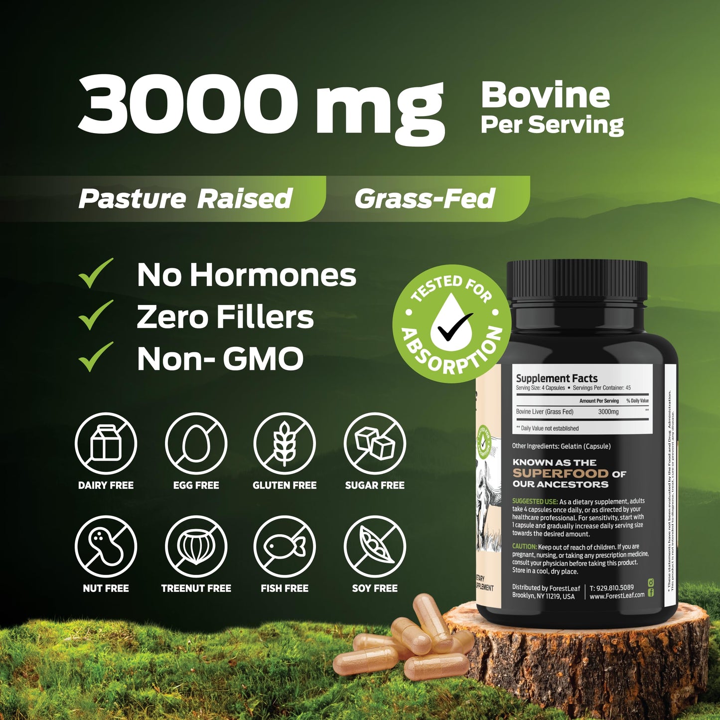 Pre-Order | Arrives in 5–10 Days – ForestLeaf Grass Fed Beef Liver Capsules, 3000mg Per Serving, Supports Full Immunity & Body Wellnes, Cleansing, Digestion, Natural Iron, Vitamin A and B12, Freeze Dried Beef Liver Supplement, 180 Caps