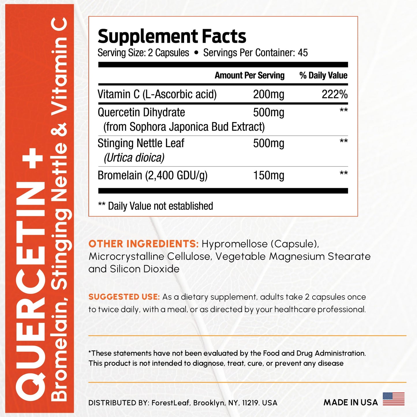 Pre-Order | Arrives in 5–10 Days – ForestLeaf Quercetin with Bromelain 1350mg - Blend with Vitamin C & Stinging Nettle Supplement, Quercetin 500mg Capsules, Non-GMO Gluten Free, Natural Immune & Respiratory Function, 90 Veggie Caps