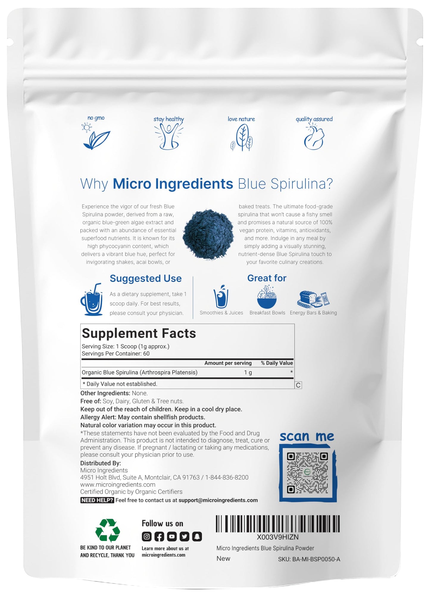 Pre-Order | Arrives in 5–10 Days – Organic Blue Spirulina Powder (Phycocyanin Extract), 60 Servings - No Fishy Smell, 100% Vegan Protein from Blue-Green Algae, Natural Luminous Food Coloring for Smoothies, Baking, Drinks & Cooking