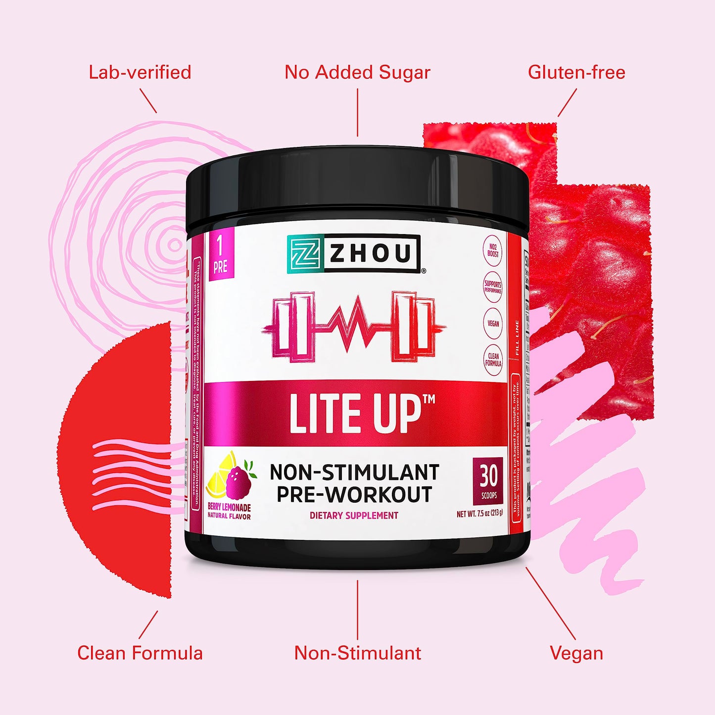 Pre-Order | Arrives in 5–10 Days – Zhou Lite Up - Non Stim Powder, Nitric Oxide Stim Free Supplement for Men & Women, Caffeine Free Boost, Clean Formula - Berry Lemonade Flavor, 7.5 oz Jar (30 Scoops)