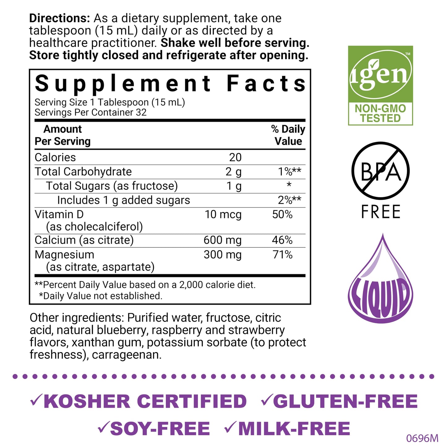 Pre-Order | Arrives in 5–10 Days – Bluebonnet Nutrition Liquid Calcium Citrate, Magnesium, Vitamin D3, Bone Health, Gluten Free, Soy Free, Milk Free, Kosher, 16 fl oz, 32 Servings, Mixed Berry Flavor