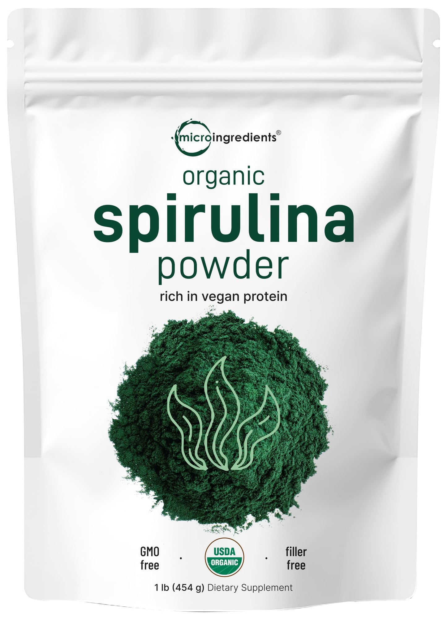 Pre-Order | Arrives in 5–10 Days – Micro Ingredients Organic Spirulina Powder, 16 Ounce, Raw Spirulina (Arthrospira Platensis), The Richest Sources of 70% Vegan Protein, Containers Minerals, Vitamins, Non-GMO & Non-Irradiation