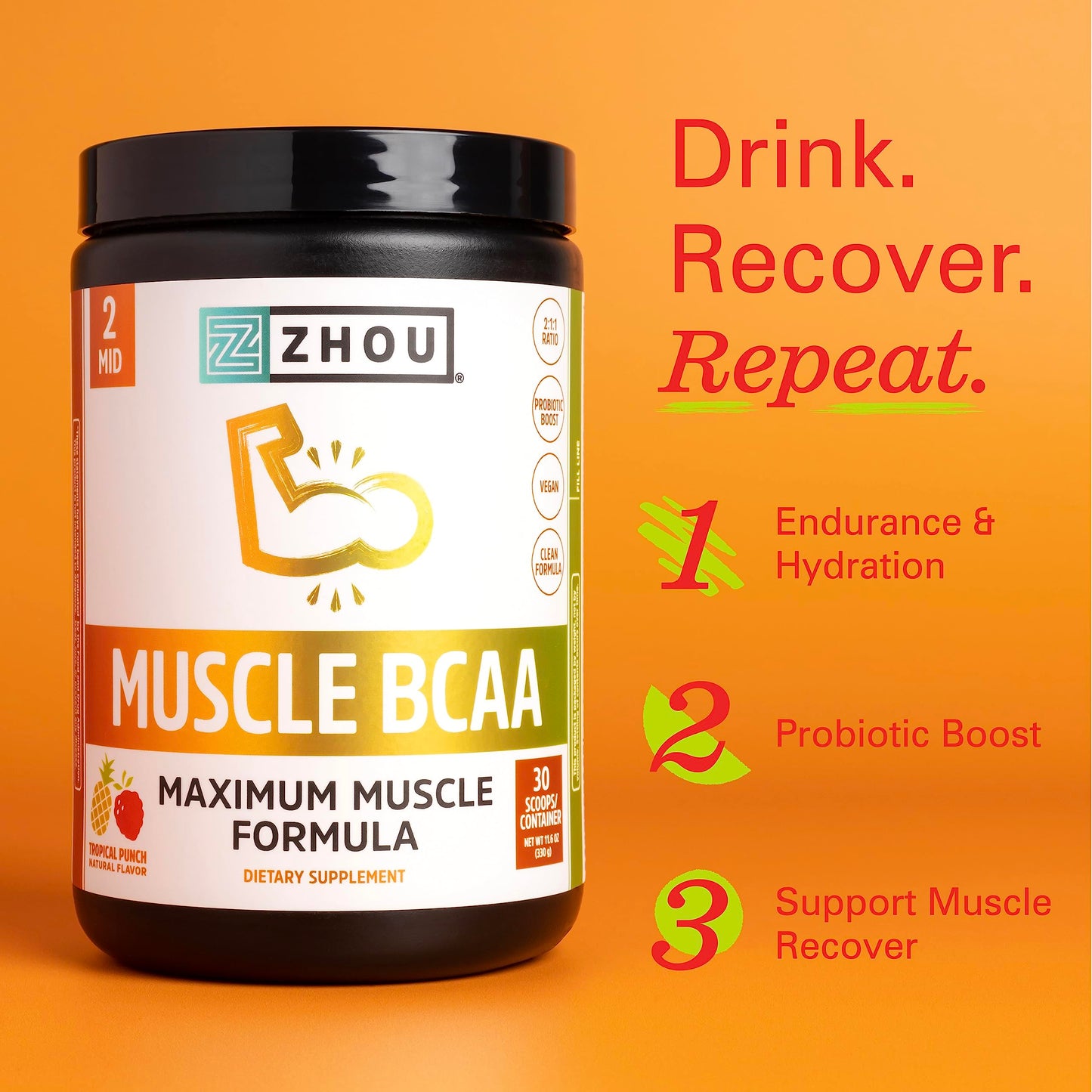 Pre-Order | Arrives in 5–10 Days – Zhou Nutrition Muscle BCAA Powder, Vegan Muscle Recovery, Natural, Clean Formula for Optimal Absorption, Probiotic Boost, Vitamin C, Gluten and Sugar Free, Tropical Punch, 30 Servings