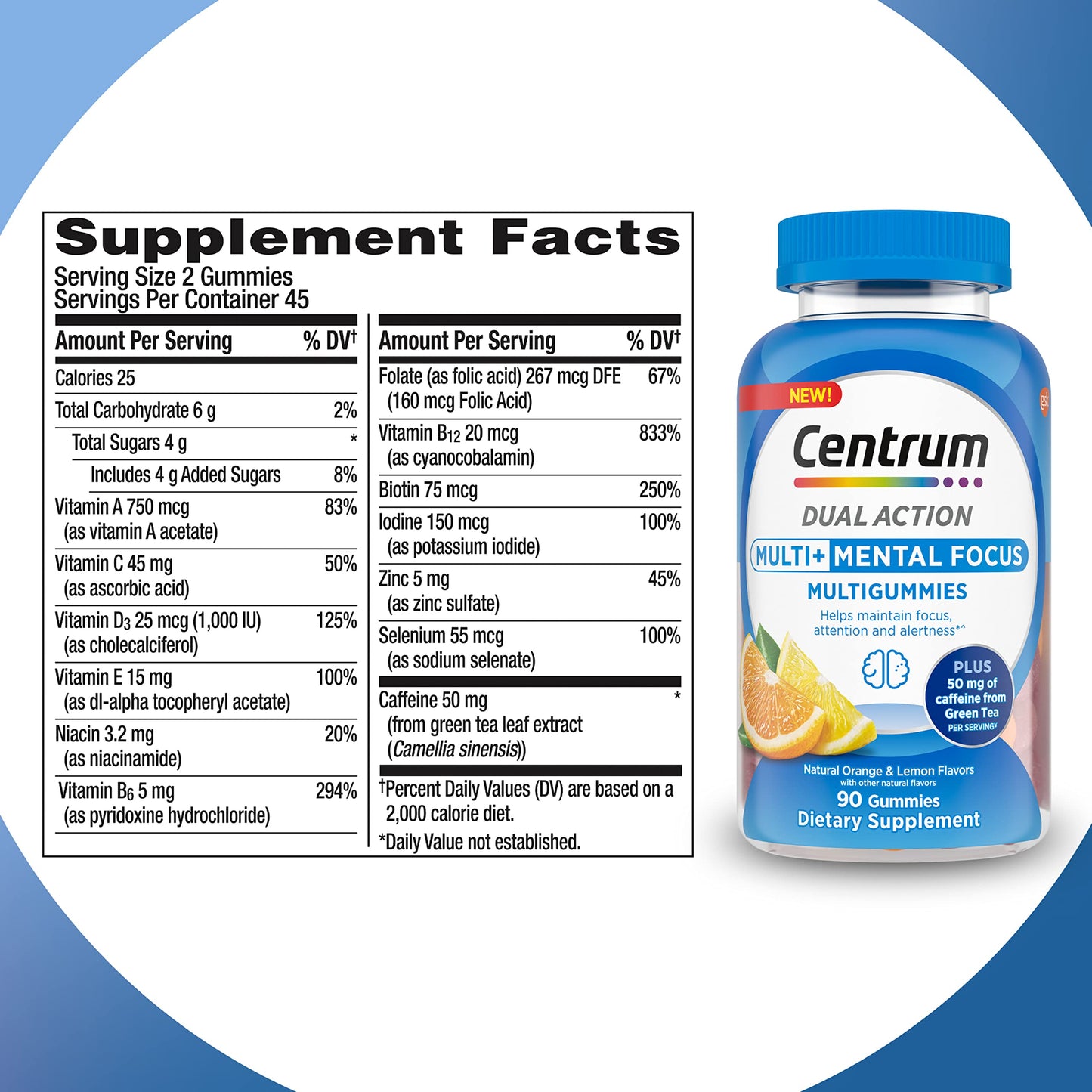 Pre-Order | Arrives in 5–10 Days – Centrum MultiGummies Multi+ Dual Action Mental Focus Adult Multivitamin with Caffeine from Green Tea, Supports Mental Focus, Attention and Alertness, Lemon/Orange Flavors - 90 Count