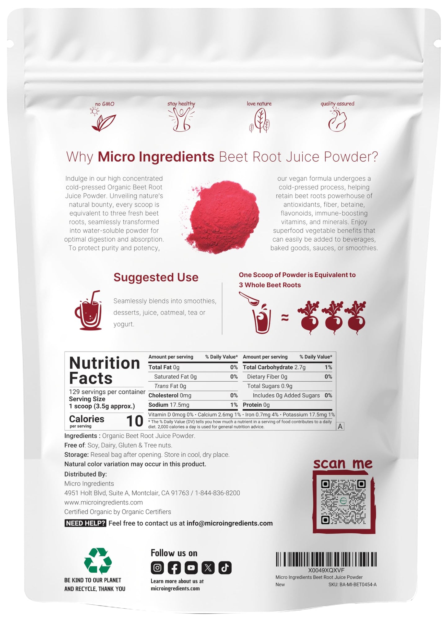 Pre-Order | Arrives in 5–10 Days – Micro Ingredients Organic Beet Root Powder, 1 Pound, Cold Pressed and Water Soluble, Beet Juice Pre-Workout Concentrated Powder, Energy & Immune System Support, Non-GMO