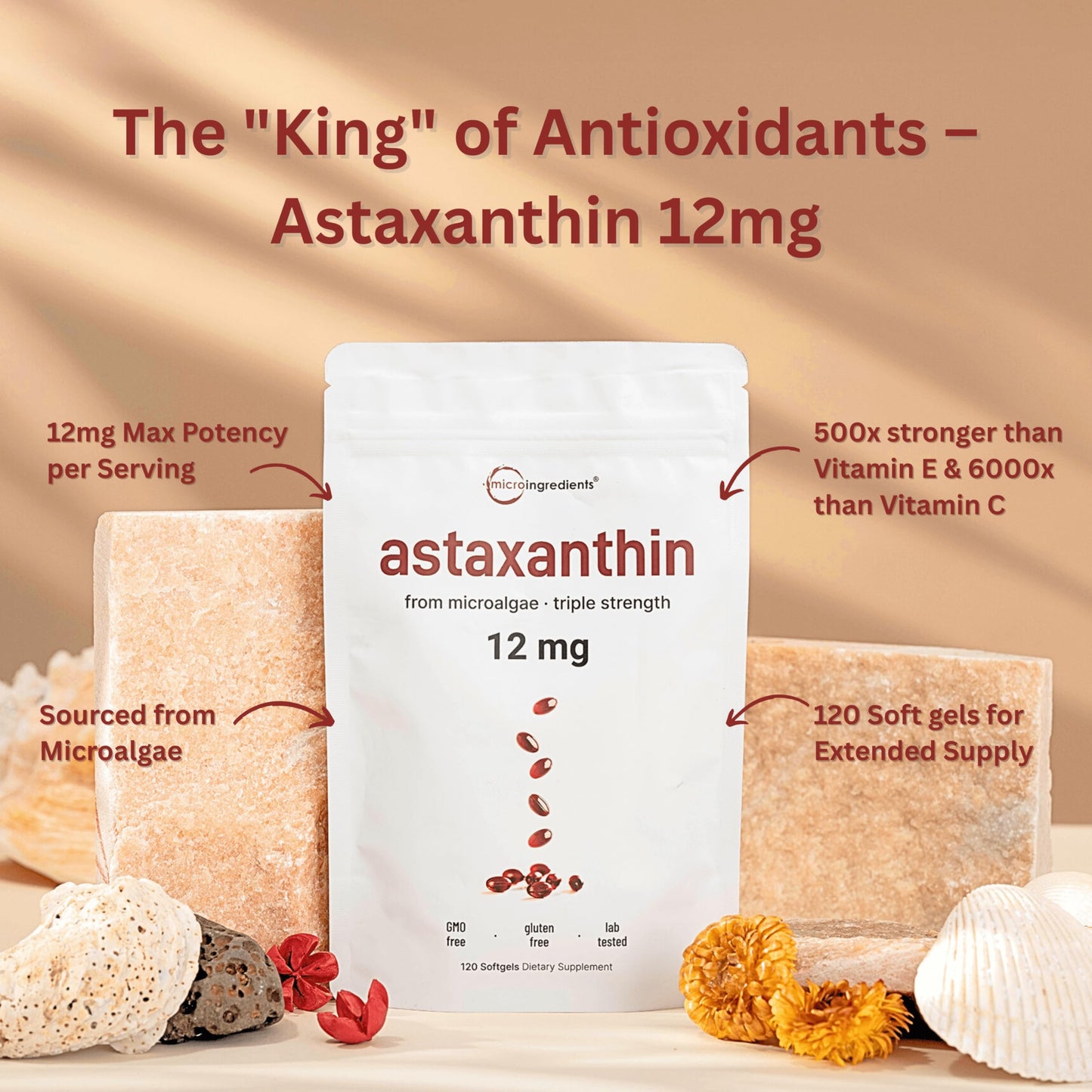 Pre-Order | Arrives in 5–10 Days – Astaxanthin 12mg, 120 Softgels, 4 Month Supply | Premium Astaxanthin Antioxidant Supplements | Fresh Microalgae Source | Supports Eye, Joint, Internal Circulation, Skin Health & Natural Tanning