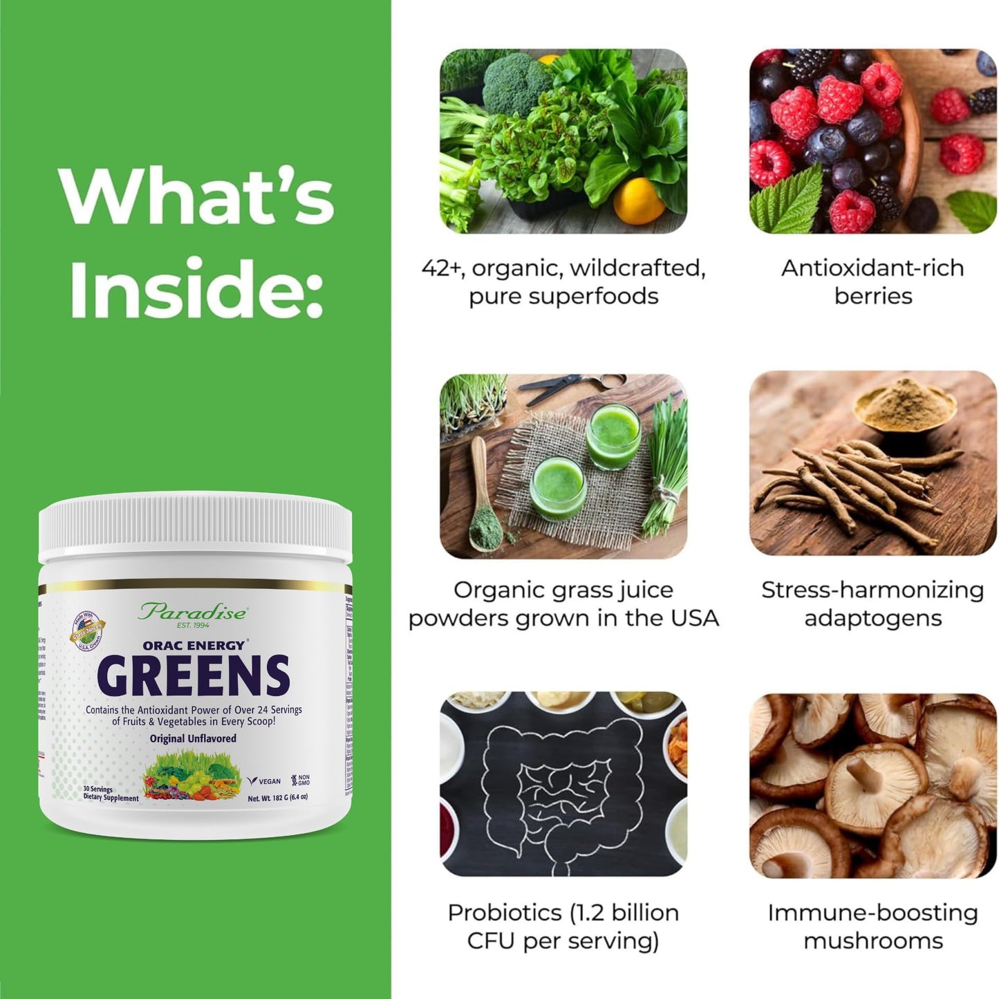 Pre-Order | Arrives in 5–10 Days – Paradise, ORAC Energy Greens Powder Extract, Super Antioxidants, Probiotics for Gut Health & Digestion, Vitamin C for Immunity, with Spirulina & Chlorella, Non-GMO, Gluten Free, 30 Servings