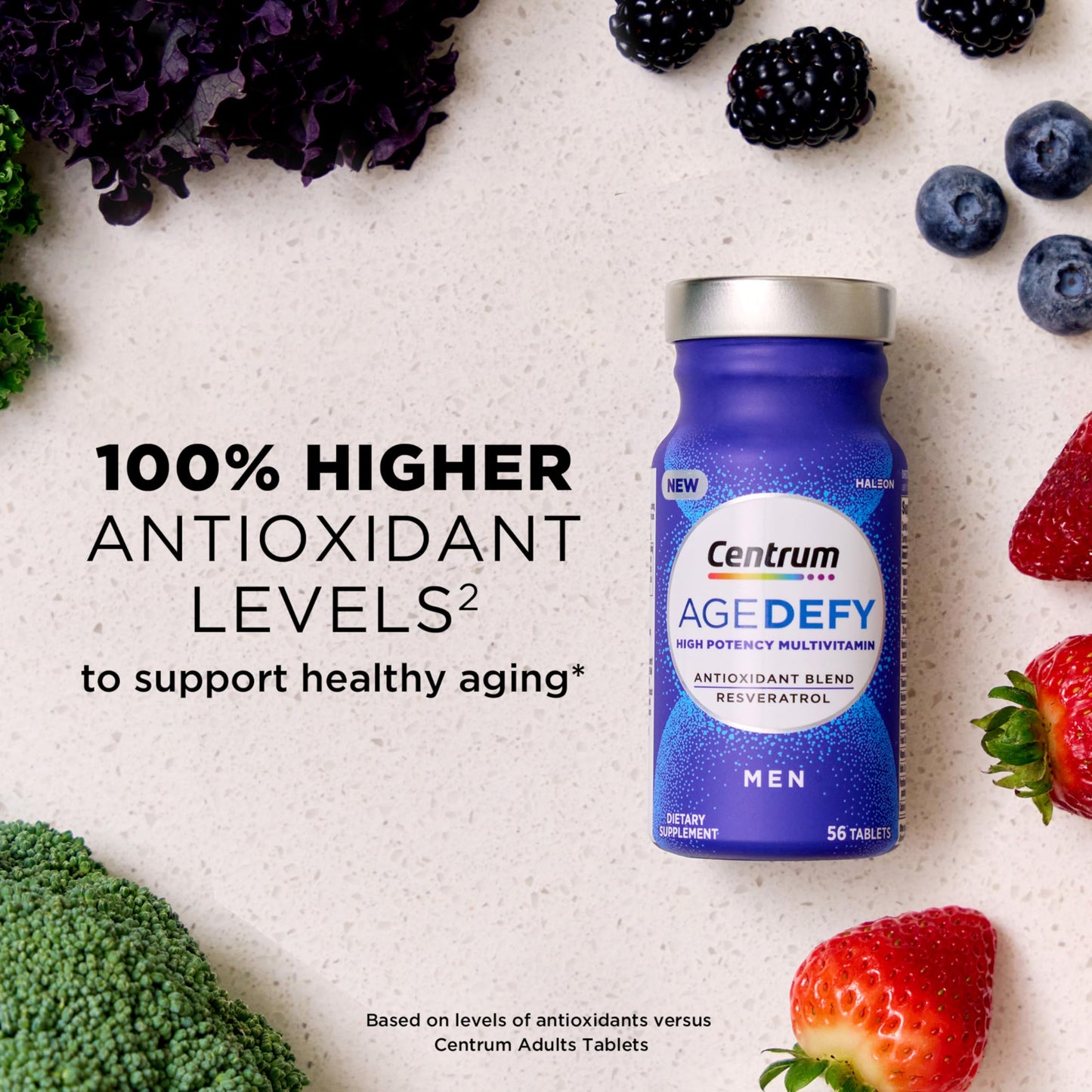 Pre-Order | Arrives in 5–10 Days –
Centrum Age Defy for Men - High-Potency Multivitamin and Healthy Aging Supplement - Multivitamin Blend with Resveratrol, and Niacin for NAD+ Level Support - Aluminum Bottle, 56 Tablets