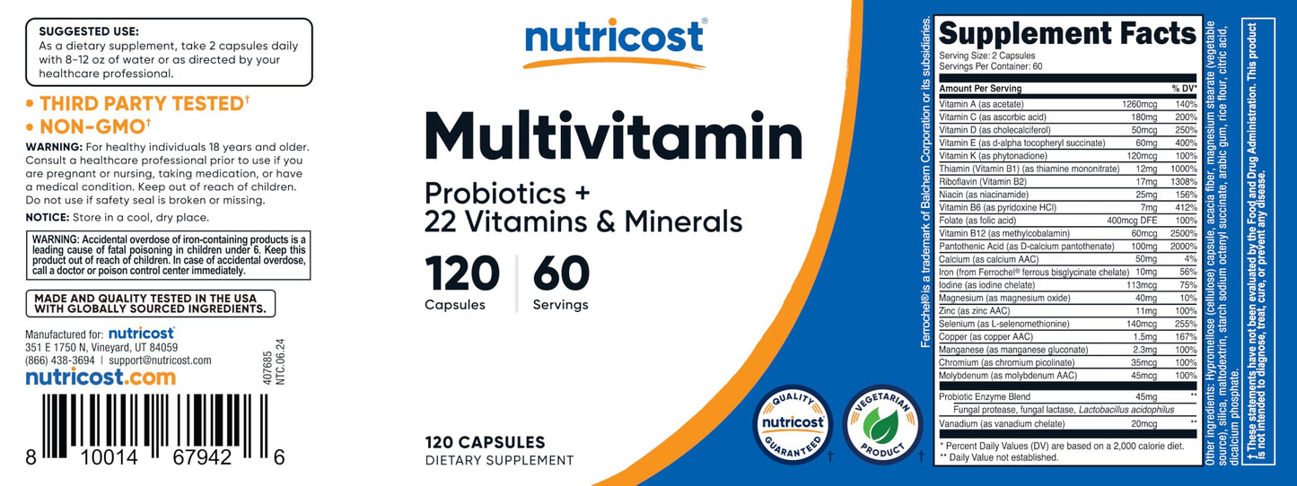 Pre-Order | Arrives in 5–10 Days – Nutricost Multivitamin with Probiotics 120 Vegetarian Capsules - Packed with Vitamins & Minerals