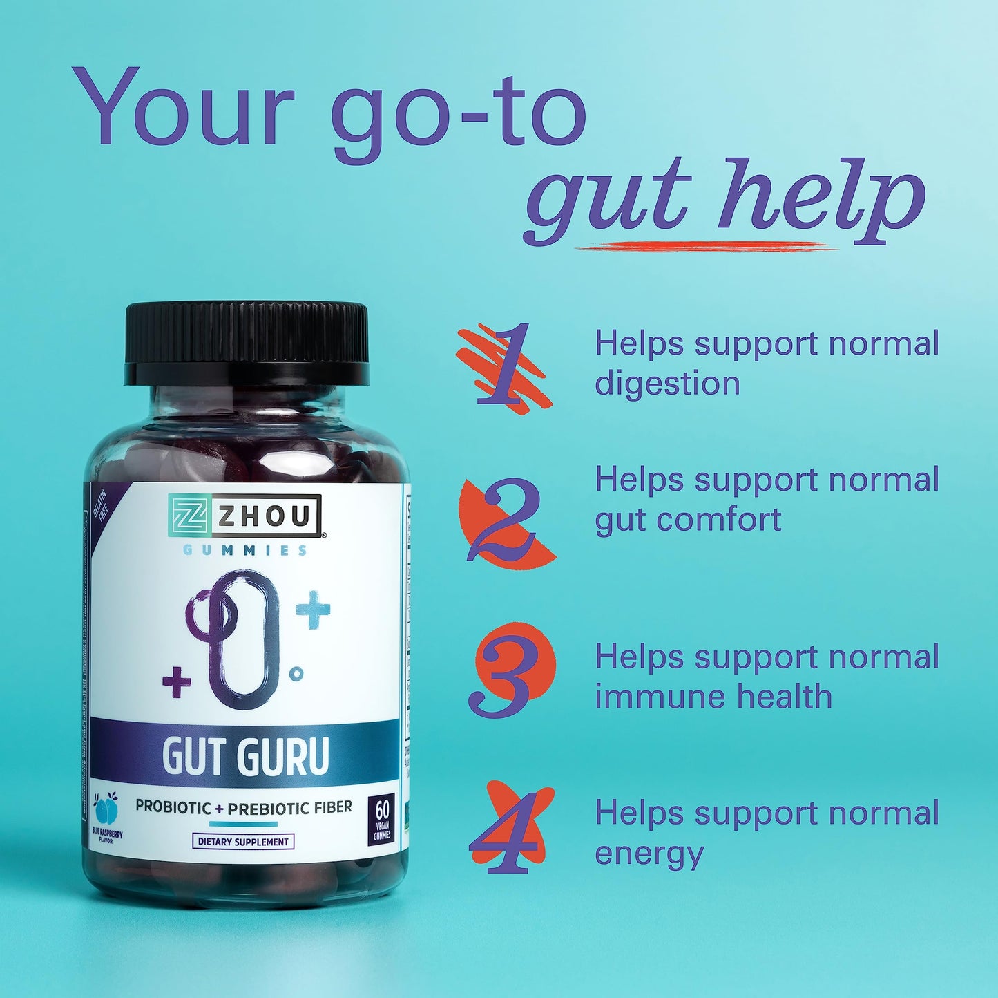 Pre-Order | Arrives in 5–10 Days – ZHOU Nutrition Gut Guru Prebiotics and Probiotics for Women and Men, 2 in 1 Probiotic and Prebiotic Gummies for Digestive Gut Health and Immune Support, Vegan, Gluten Free, Non-GMO, 60 Count