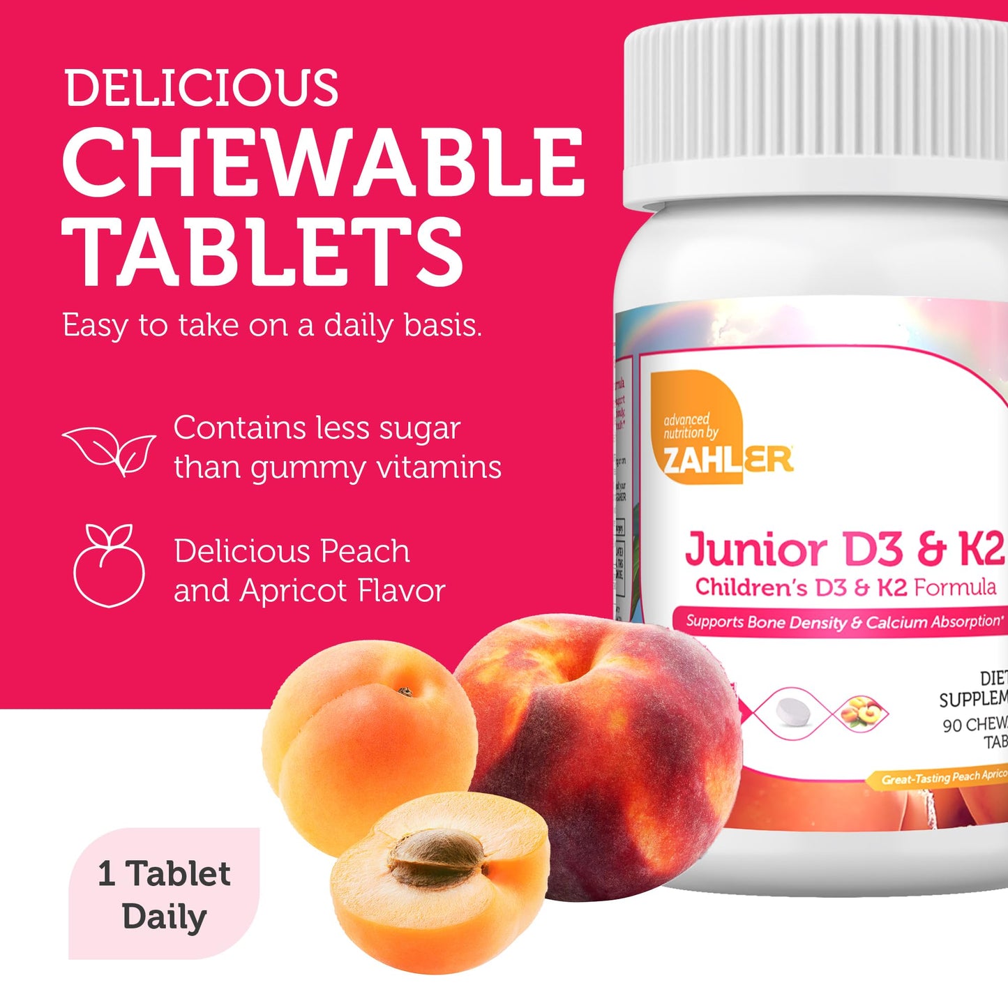 Pre-Order | Arrives in 5–10 Days – Zahler - Junior Vitamin D3 + K2 Chewable Tablets for Kids| Vitamin D for Kids 2000 IU | Delicious Vitamin D K2 Chews to Support Healthy Bones & Teeth - Kosher, Less Sugar Than Gummies (90 Count)