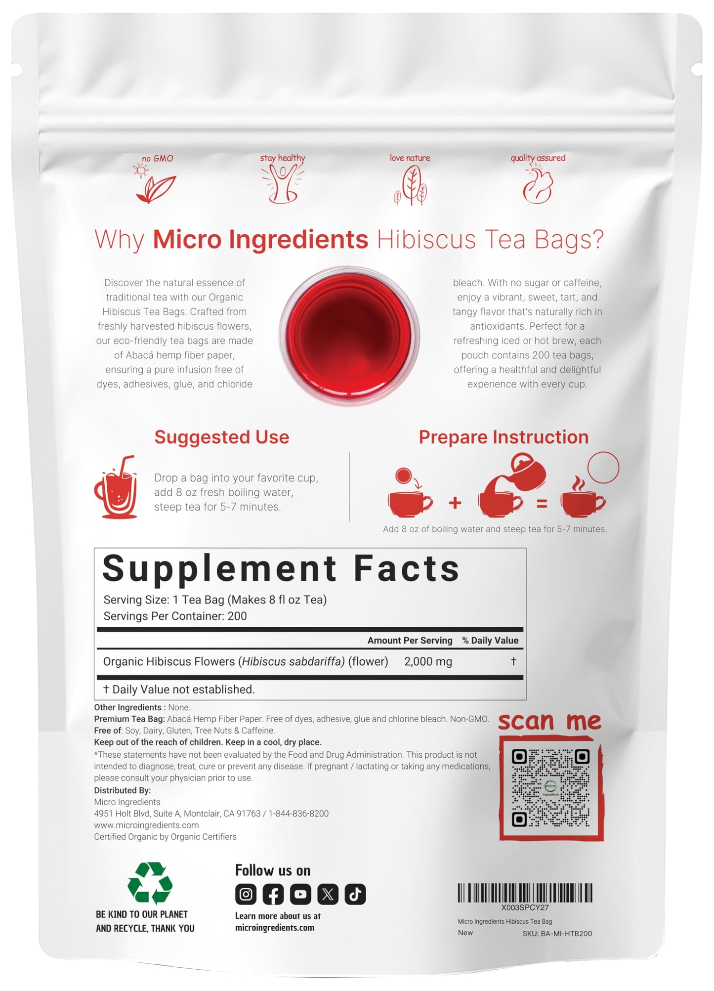 Pre-Order | Arrives in 5–10 Days – Organic Hibiscus Tea Bags, 200 Count | Premium Source from Hibiscus Flowers | Caffeine Free Herbal Tea | Eco-Friendly Hemp Paper Tea Bags | Non-GMO, No Sugar