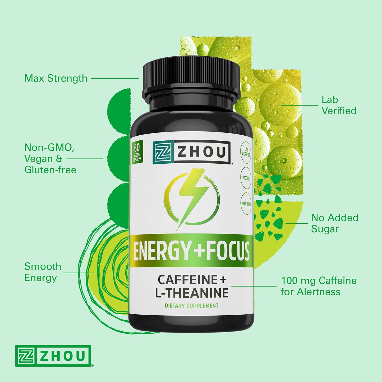 Pre-Order | Arrives in 5–10 Days – Zhou Energy + Focus - L Theanine Caffeine Pills, 200mg L-Theanine, 100mg Natural Anhydrous Caffeine Boost for Adults, Men & Women, Slow Extended Release - 60 Vegetarian Capsules (Pack of 1)