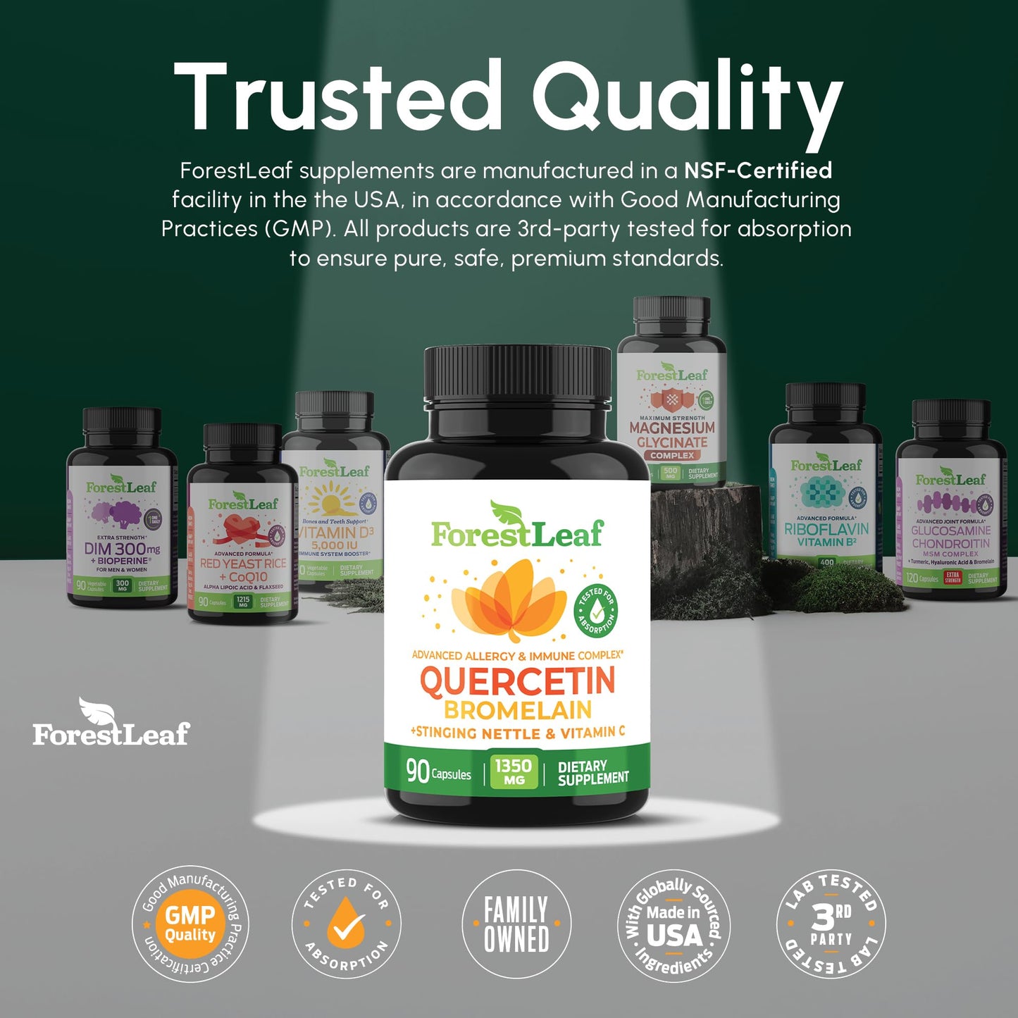 Pre-Order | Arrives in 5–10 Days – ForestLeaf Quercetin with Bromelain 1350mg - Blend with Vitamin C & Stinging Nettle Supplement, Quercetin 500mg Capsules, Non-GMO Gluten Free, Natural Immune & Respiratory Function, 90 Veggie Caps