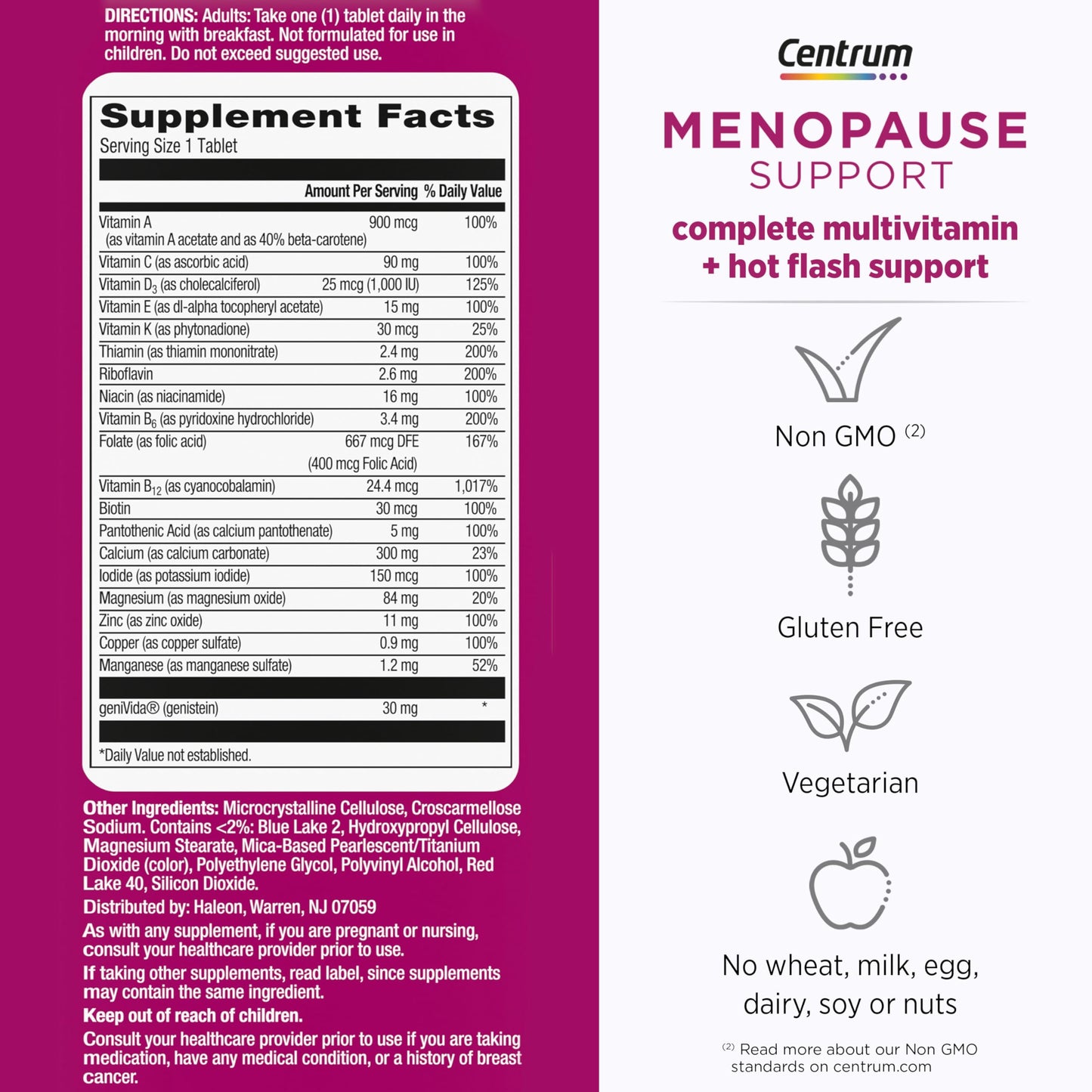 Pre-Order | Arrives in 5–10 Days – Centrum Complete Multivitamin Supplement + Hot Flash Support Menopause Support Tablets, with Clinically Studied geniVida, 30 Count