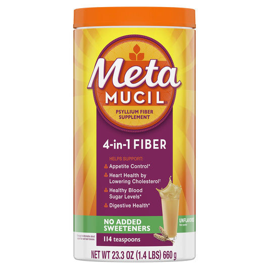 Pre-Order | Arrives in 5–10 Days – Metamucil Fiber, 4-in-1 Psyllium Fiber Supplement, Sugar Free Powder, Unflavored Drink, 114 Servings (Packaging May Vary)