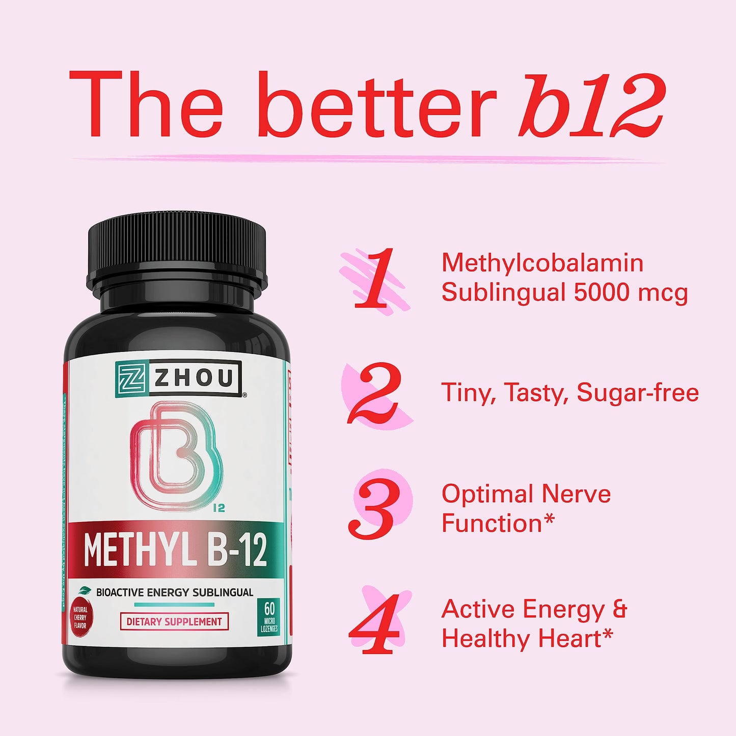 Pre-Order | Arrives in 5–10 Days – Zhou Methyl B12 - Methyl B-12 Supplement for Women & Men, Vitamin B12 5000 mcg, Vegan Friendly, Cellular Energy and Nerve Function Support, Methylcobalamin - 60 Micro Lozenges