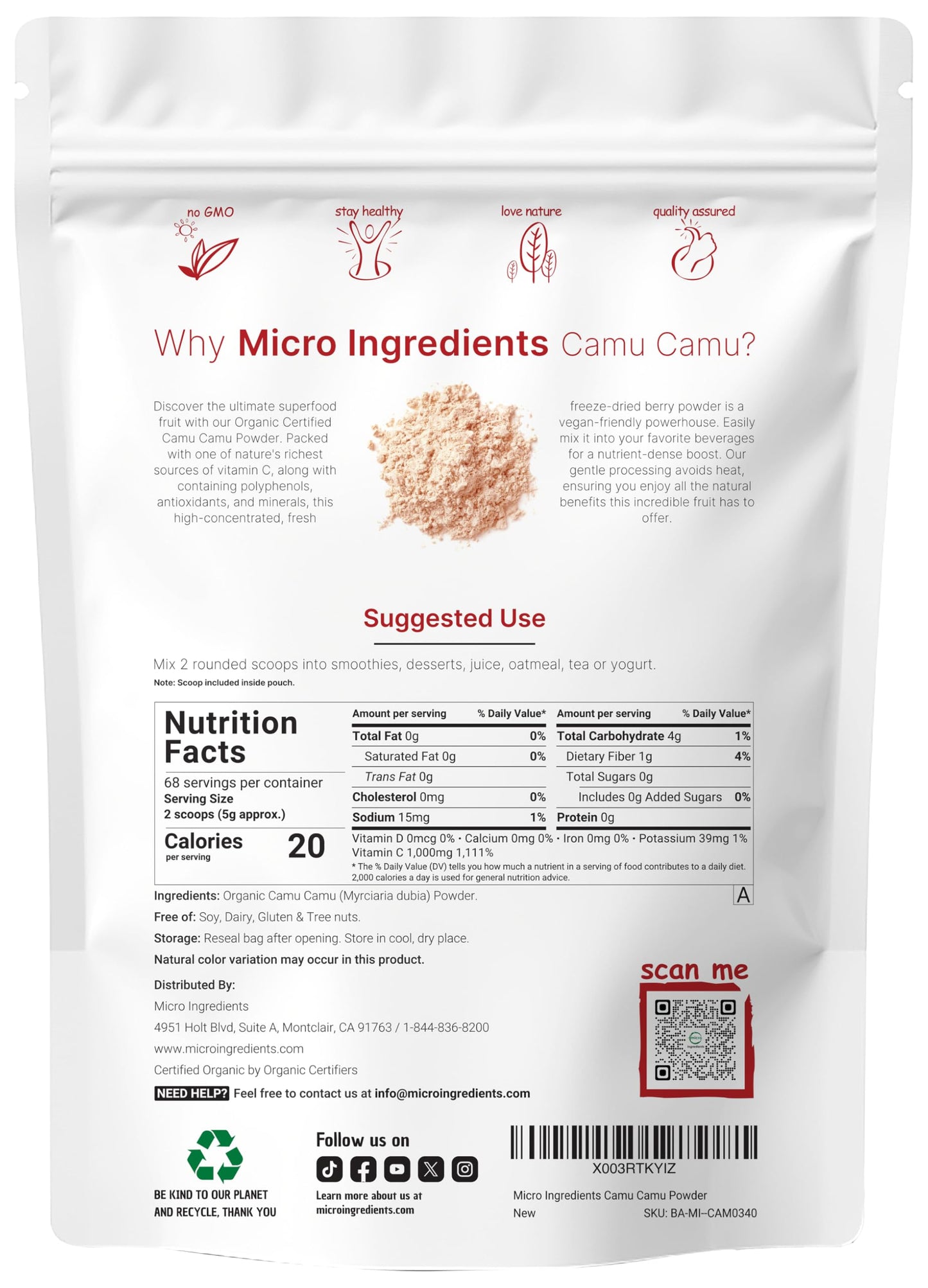 Pre-Order | Arrives in 5–10 Days – Organic Camu Camu Powder, 12 oz | High Natural Vitamin C Level | Fresh Freeze-Dried Berries Source | No GMOs, Vegan Friendly